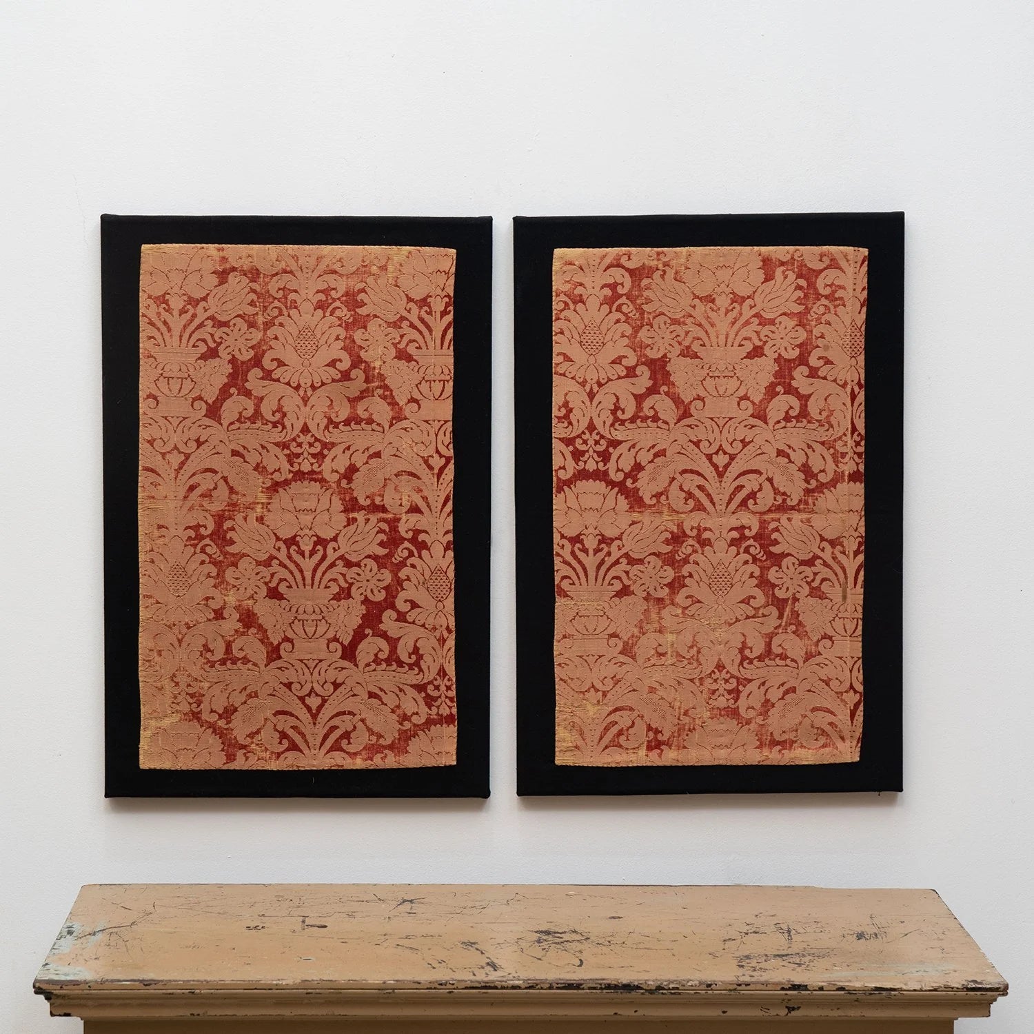 PAIR OF ANTIQUE ITALIAN SILK BROCADE PANELS MOUNTED ON COTTON