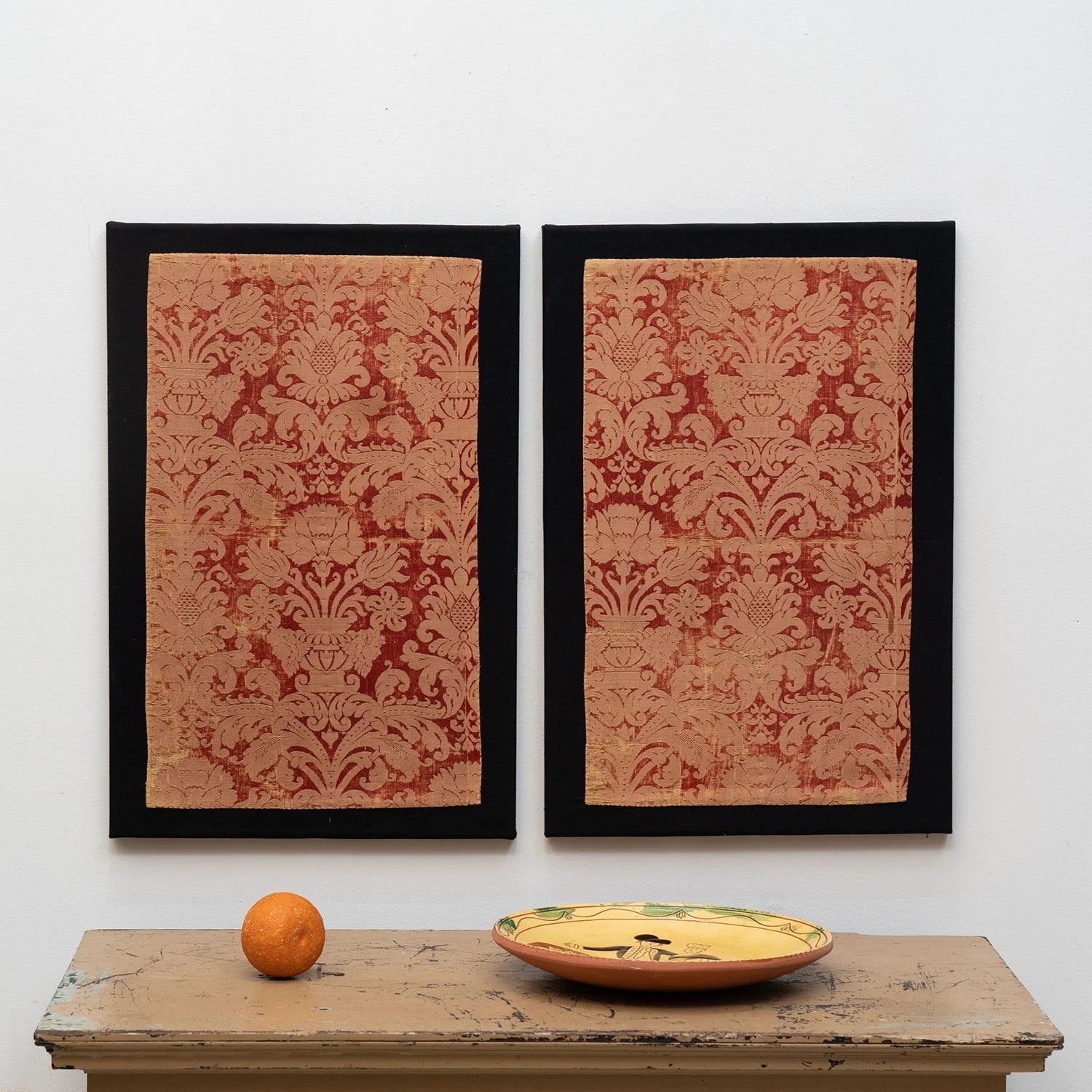 PAIR OF ANTIQUE ITALIAN SILK BROCADE PANELS MOUNTED ON COTTON