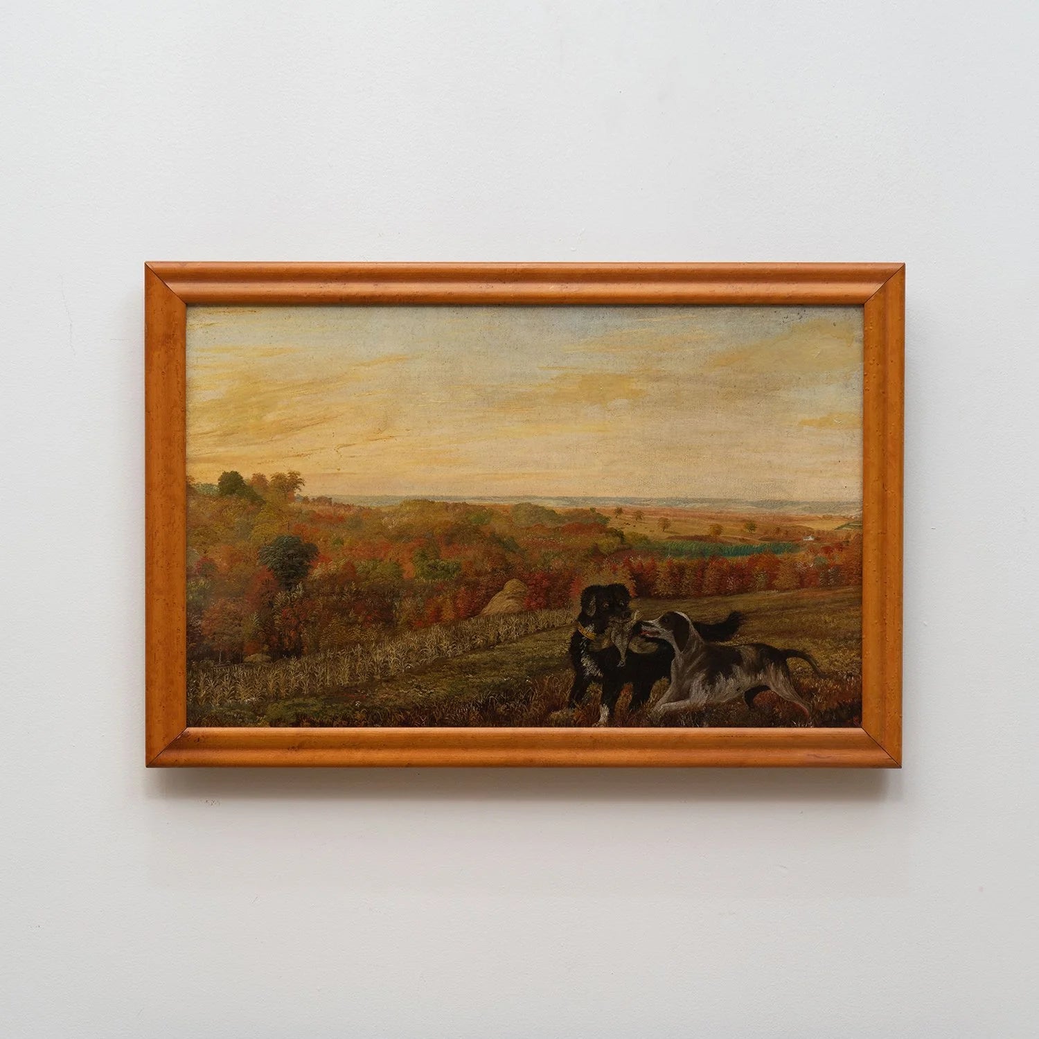 FRAMED OIL ON CANVAS OF HUNTING DOGS