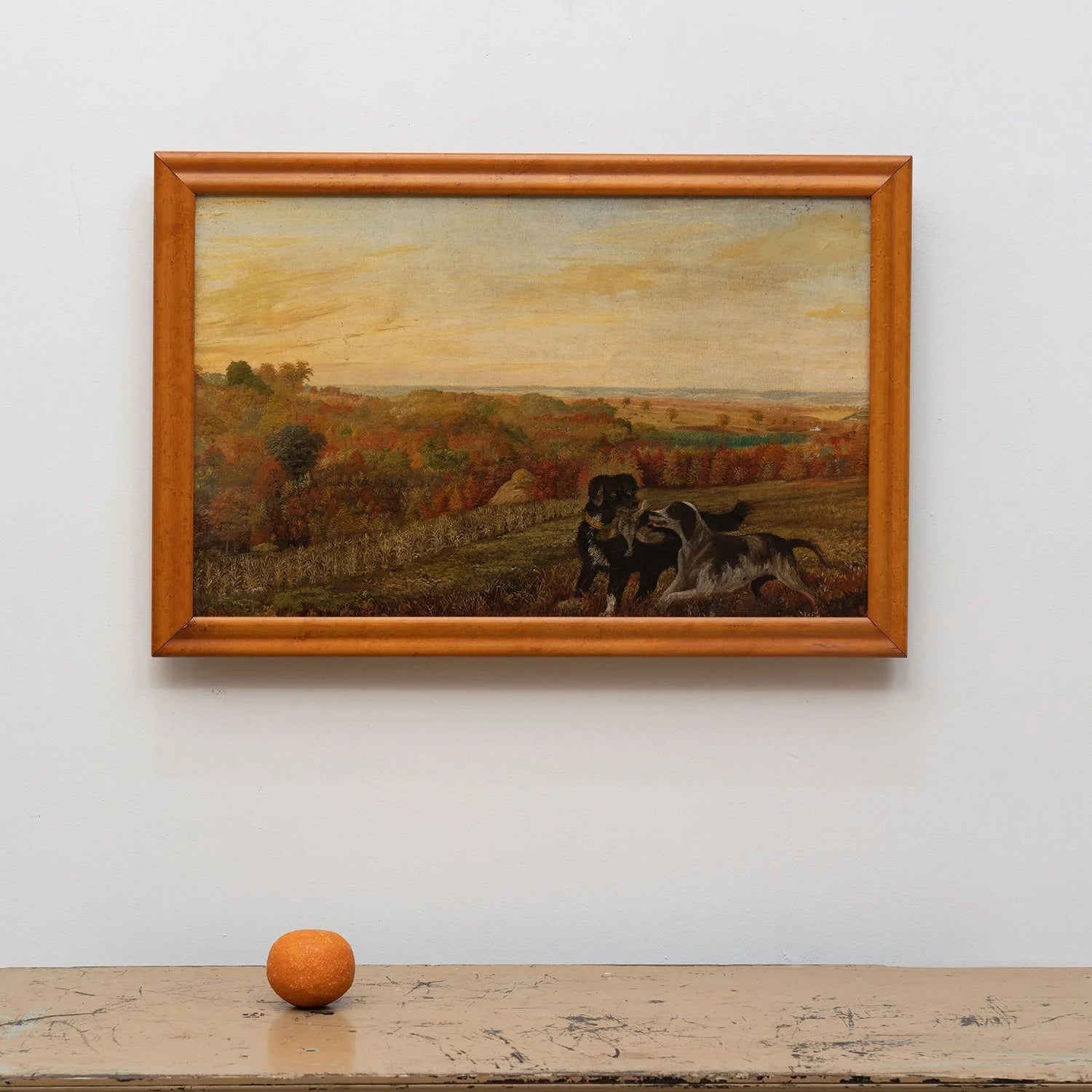 FRAMED OIL ON CANVAS OF HUNTING DOGS