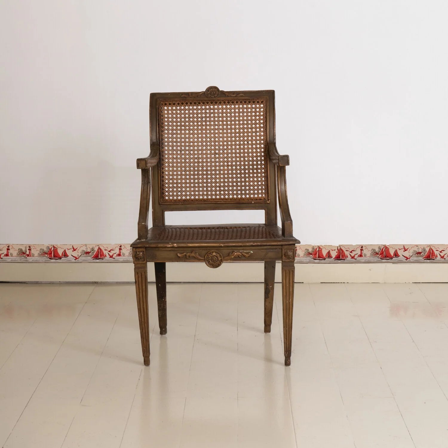 ANTIQUE CANED FAUTEUIL