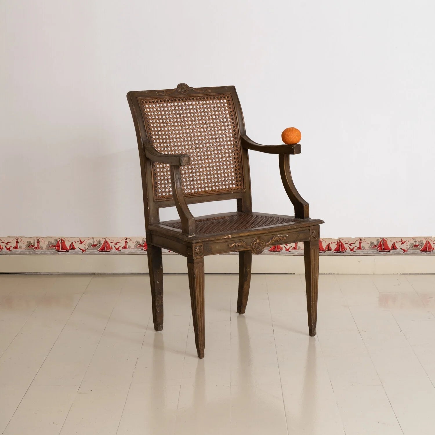 ANTIQUE CANED FAUTEUIL