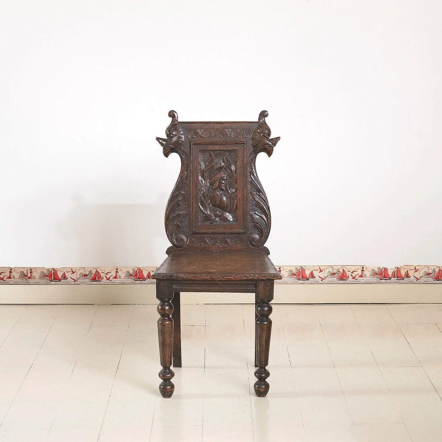 CARVED ENGLISH HALL CHAIR WITH GRIFFONS
