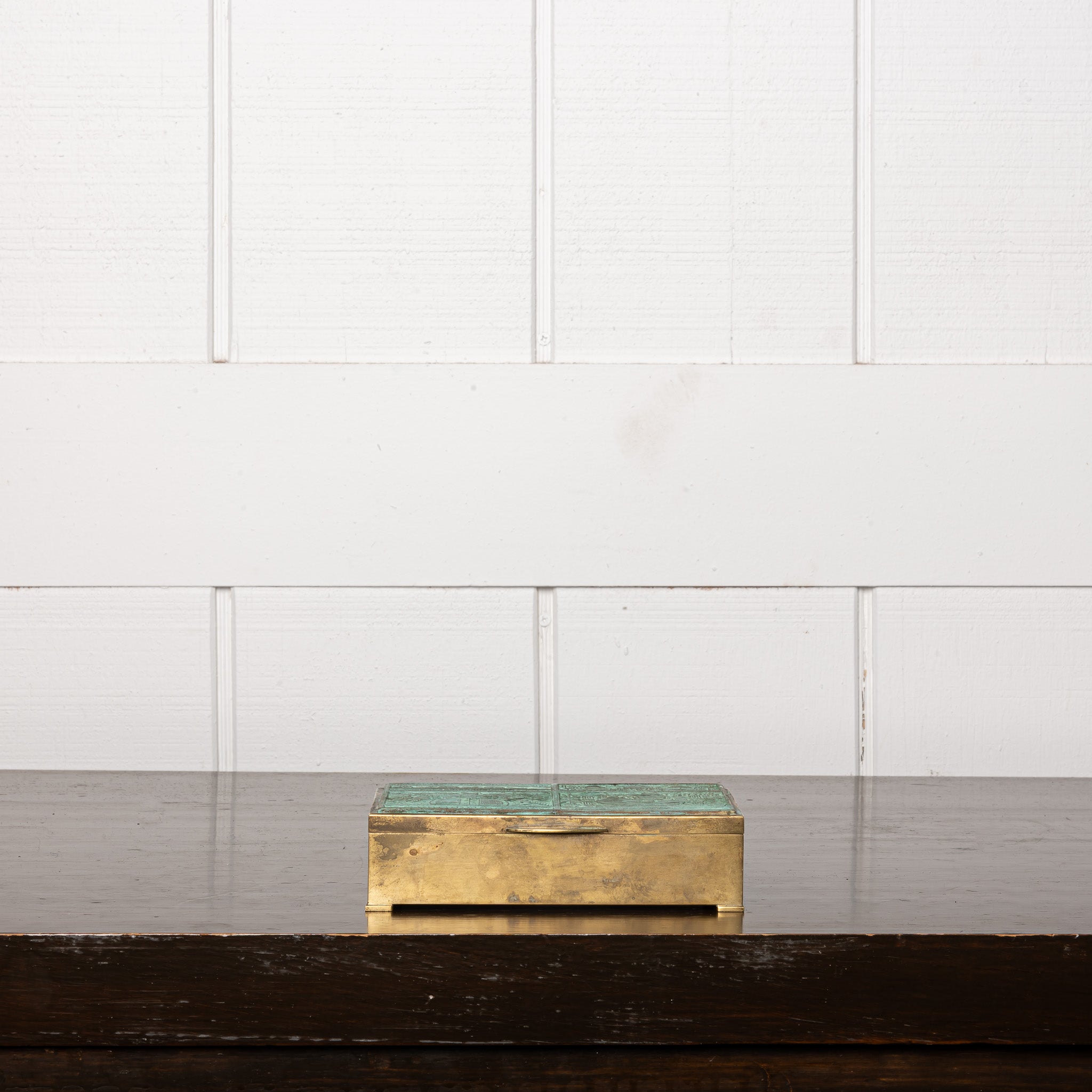 Early 20th Century Verdigris Brass Geometric Table Box, Art Deco Decorative Box