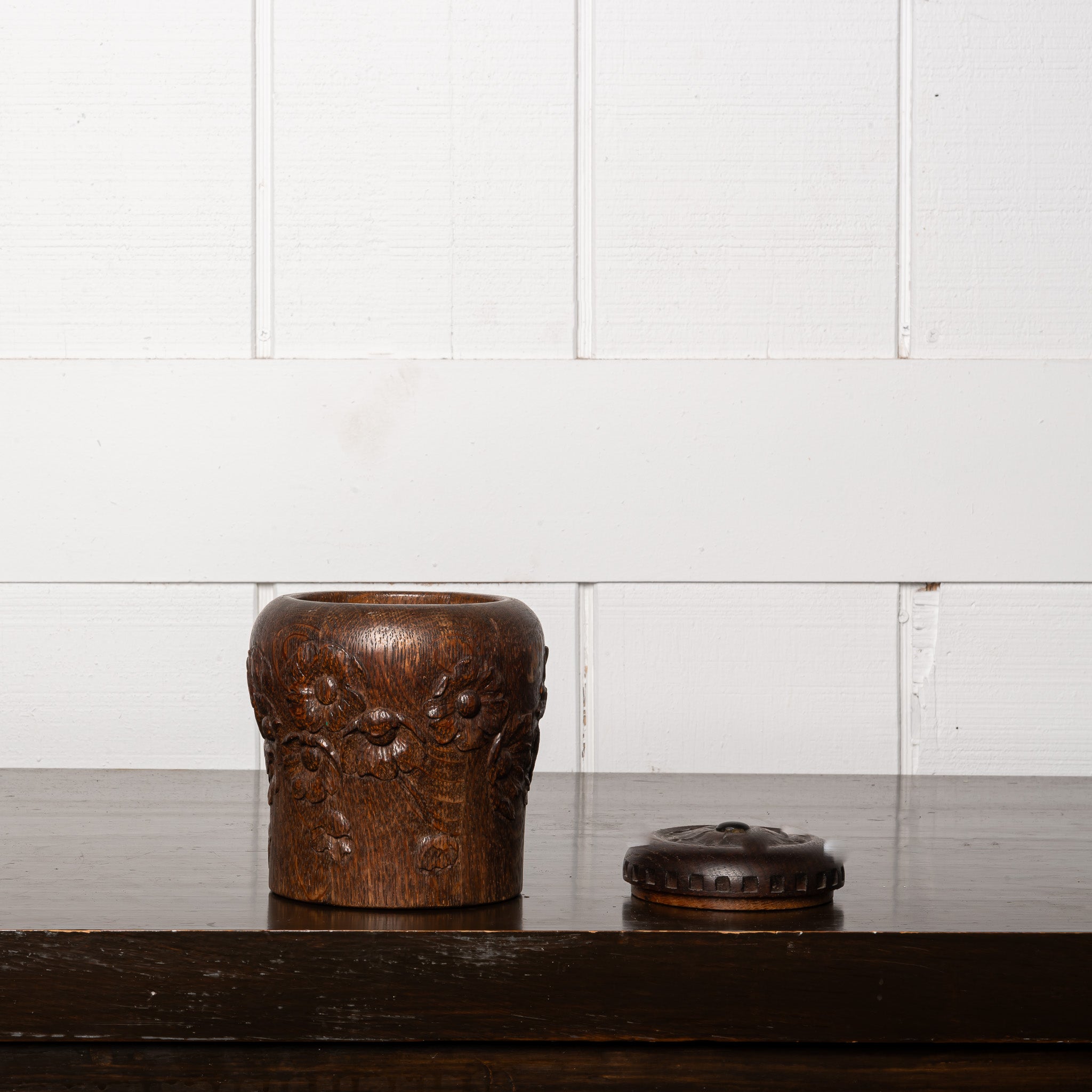 English Arts & Crafts Carved Wood Tea Caddy