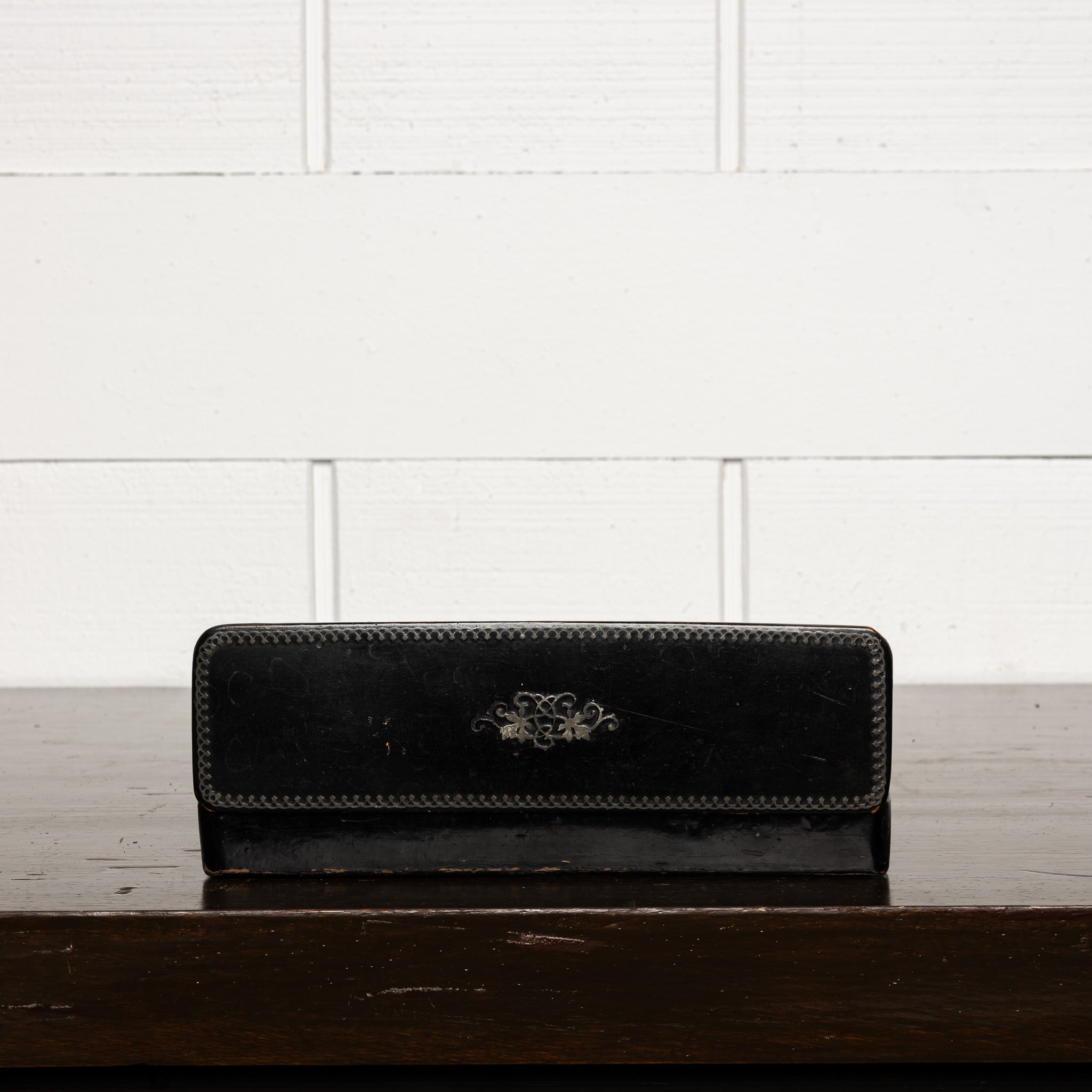 Antique Silver‑Inlaid Papier‑Mâché Pen Box, 19th Century