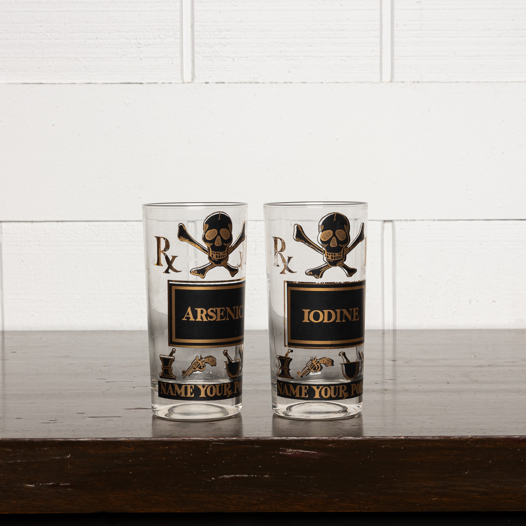 Set of 7 Poison Label Cocktail Tumblers, Vintage Barware