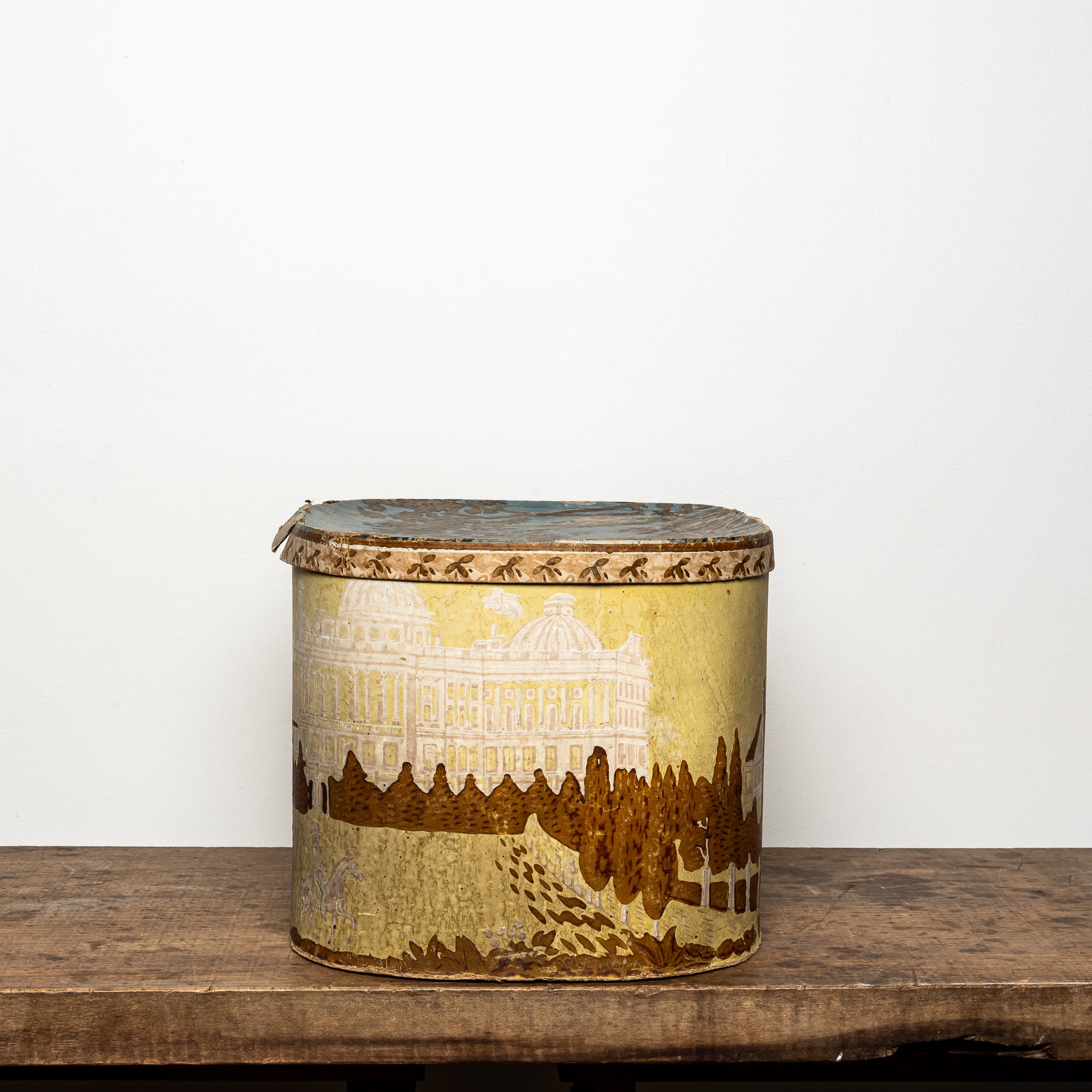 19th-Century Wallpaper-Covered Box with Pastoral Scene
