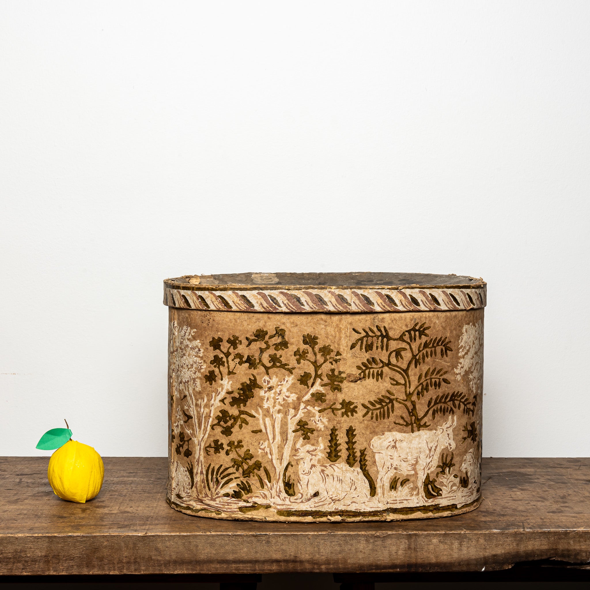 19th-Century Wallpaper-Covered Box with Animal Scene