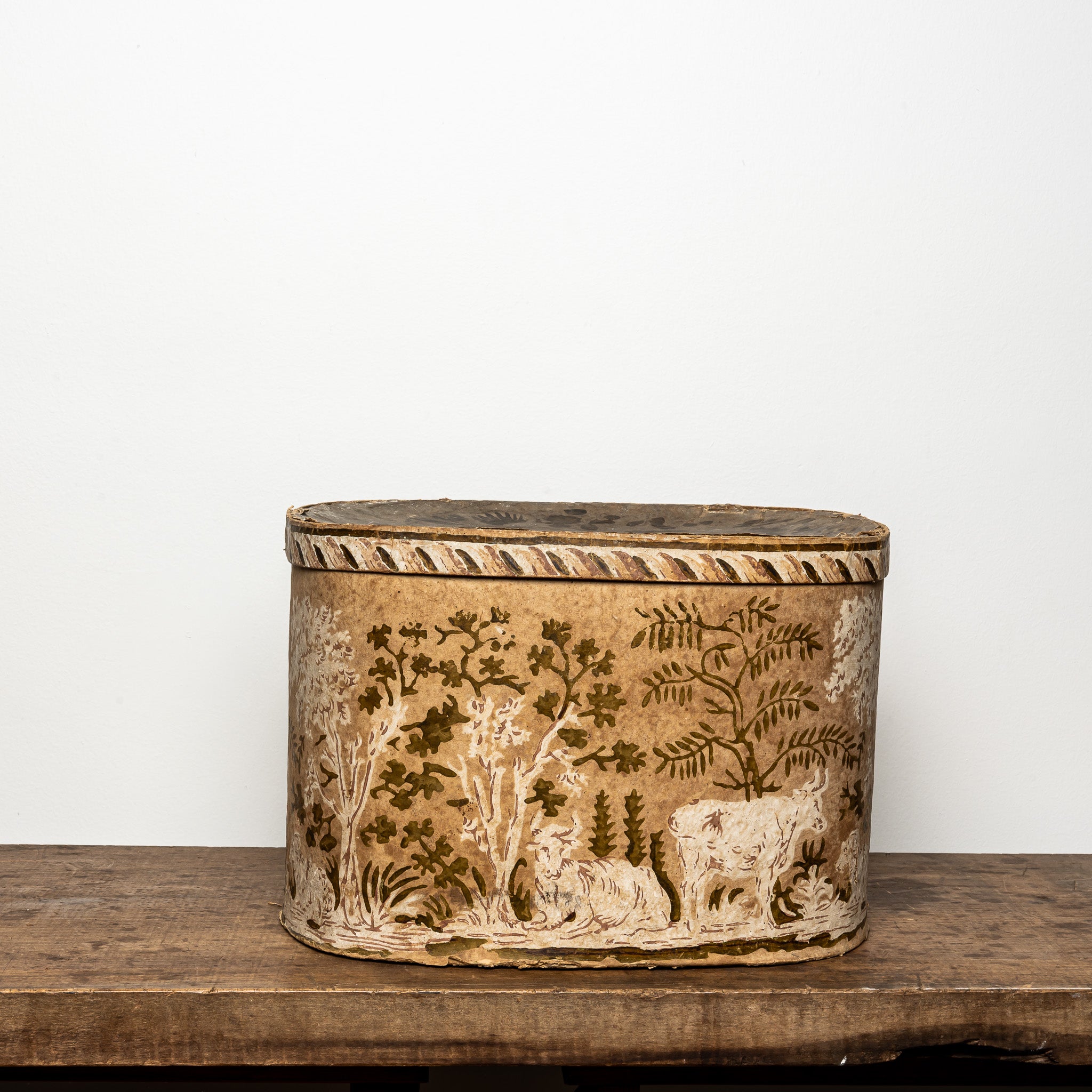 19th-Century Wallpaper-Covered Box with Animal Scene