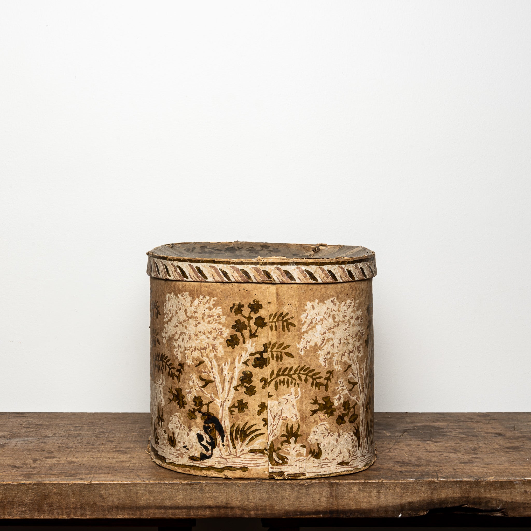 19th-Century Wallpaper-Covered Box with Animal Scene