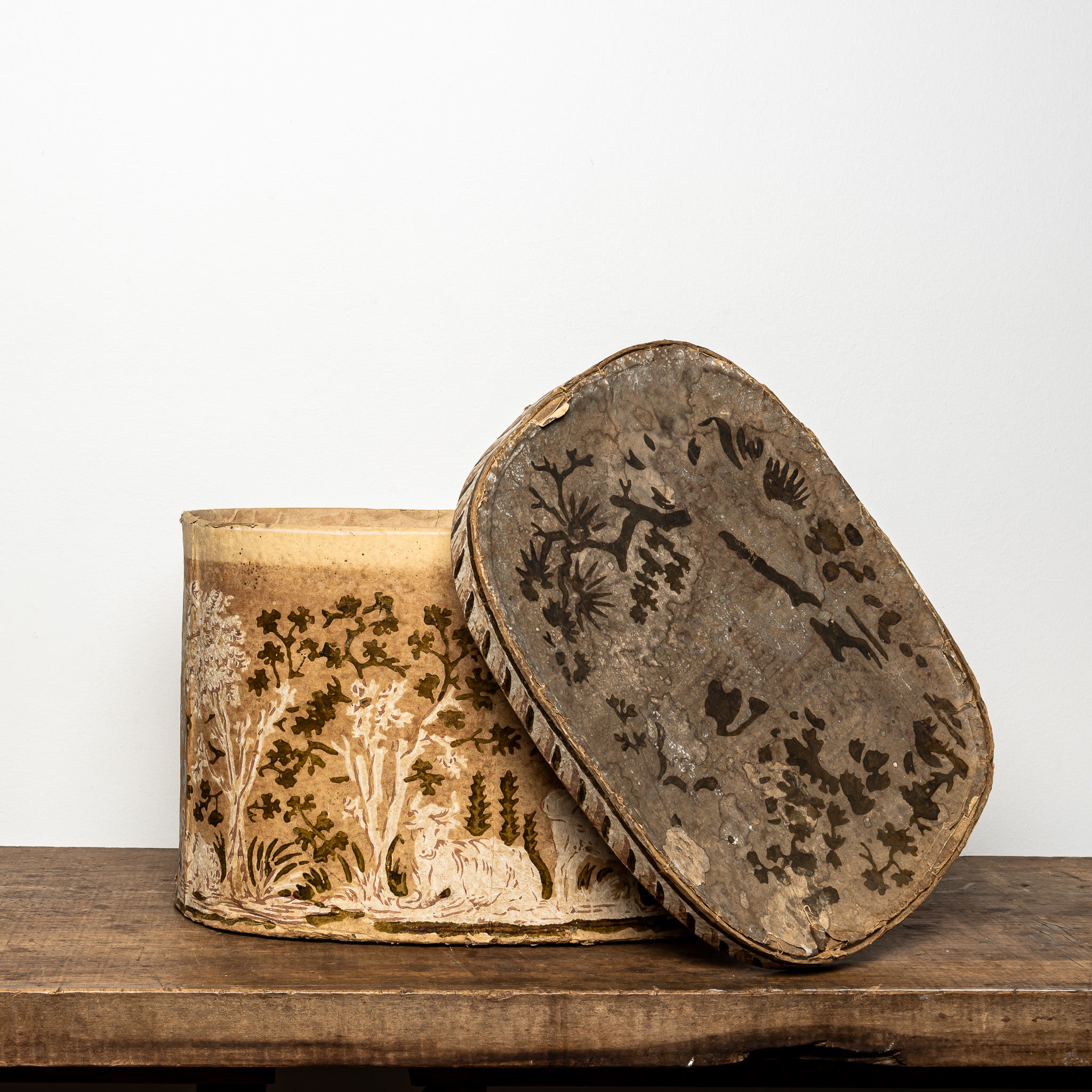 19th-Century Wallpaper-Covered Box with Animal Scene