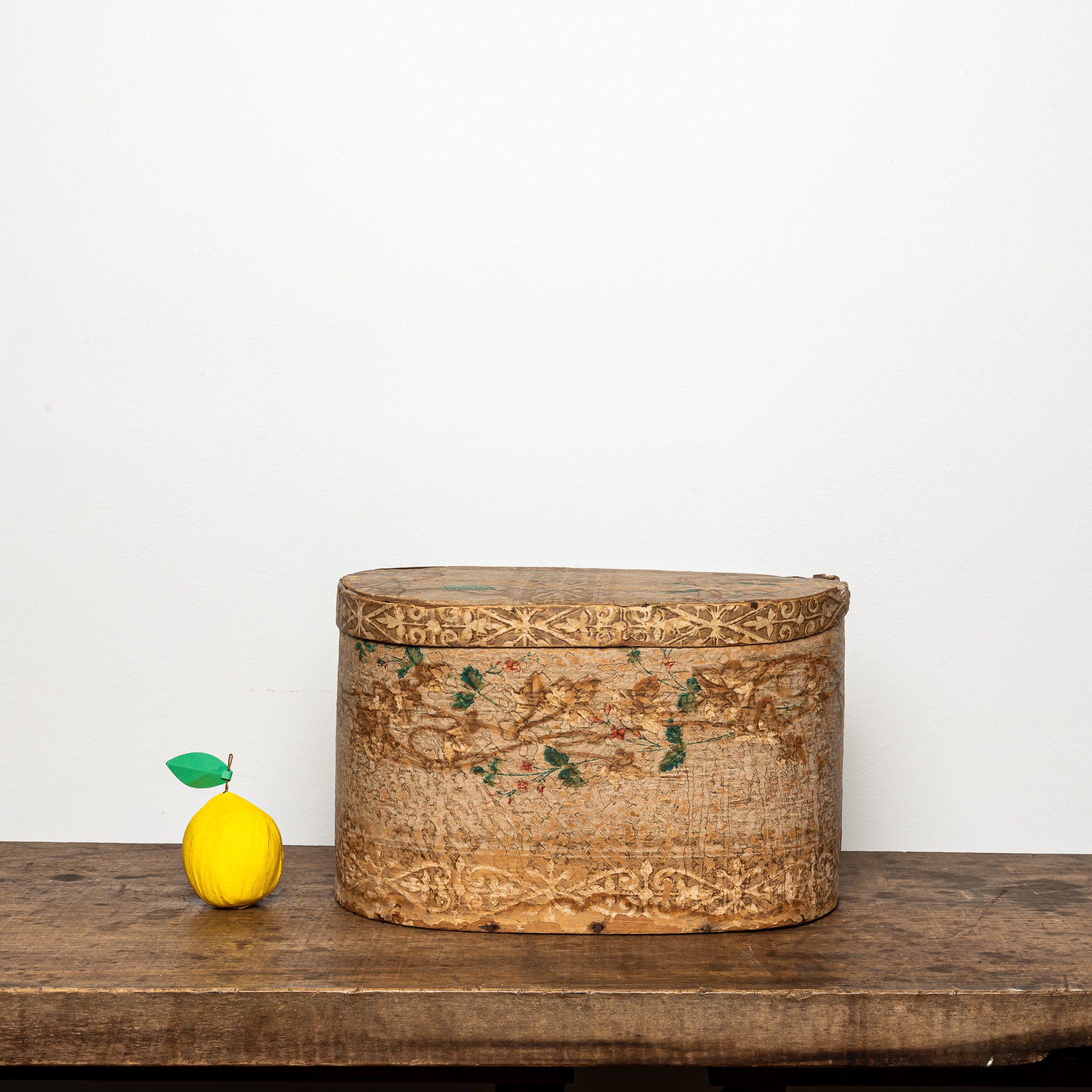 19th-Century Wallpaper-Covered Box, Tan Floral
