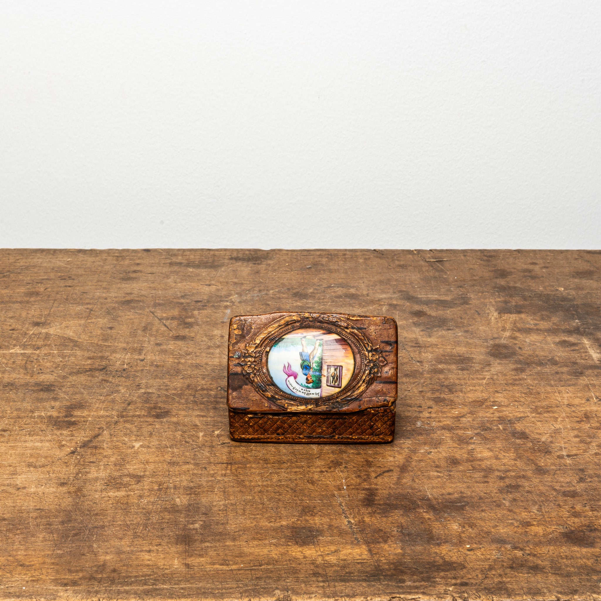 19th Century Pressed Tree Bark and Porcelain Snuff Box, Antique Box