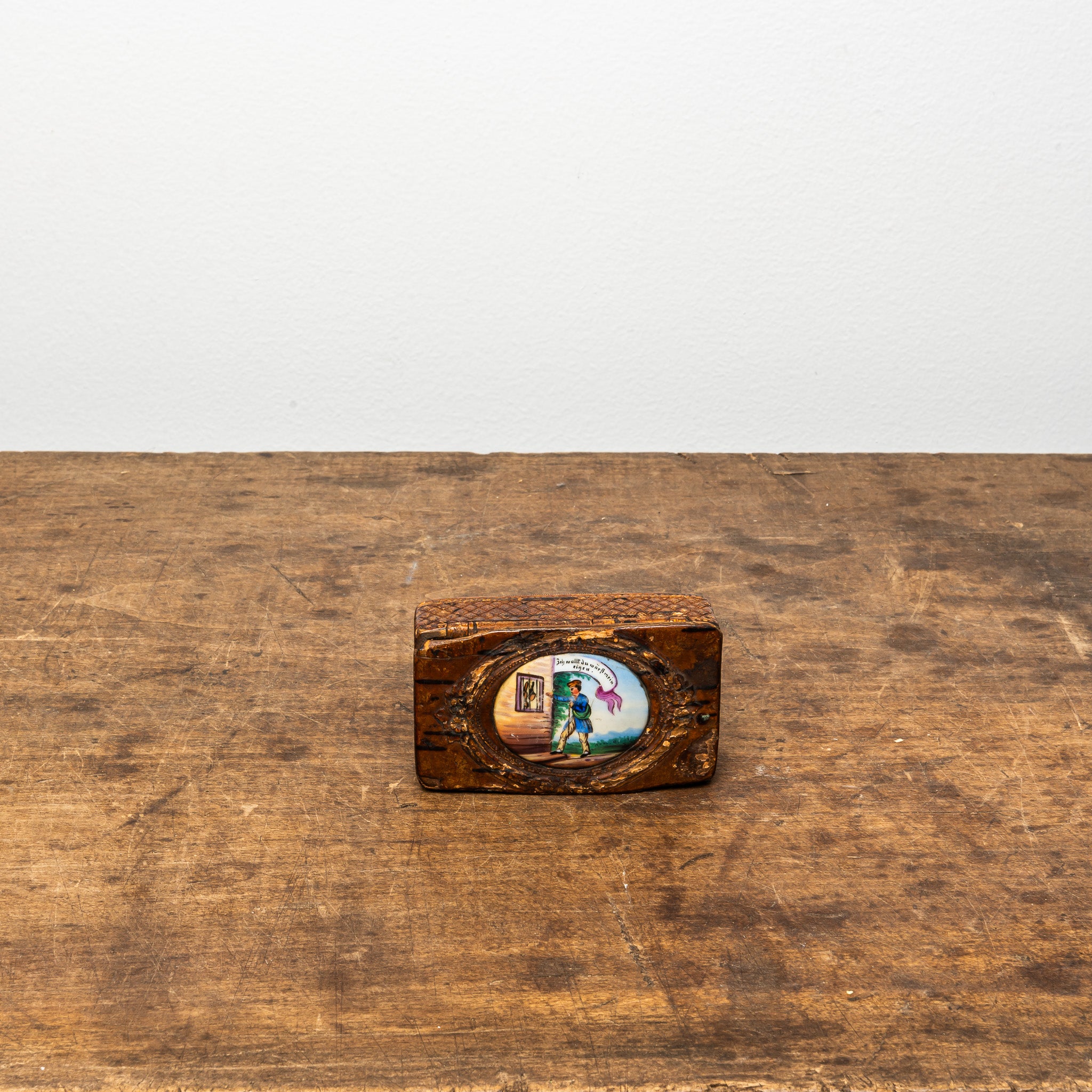 19th Century Pressed Tree Bark and Porcelain Snuff Box, Antique Box