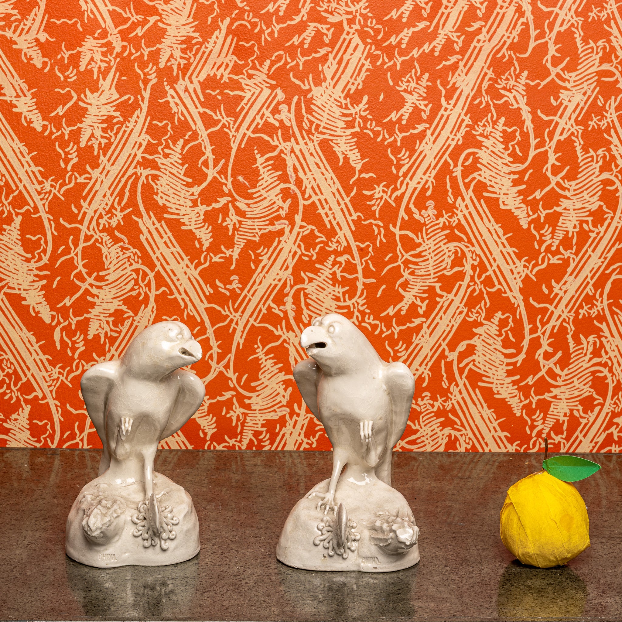 Chinese Blanc de Chine Parrot Figures — Early 20th-Century Ceramic Pair