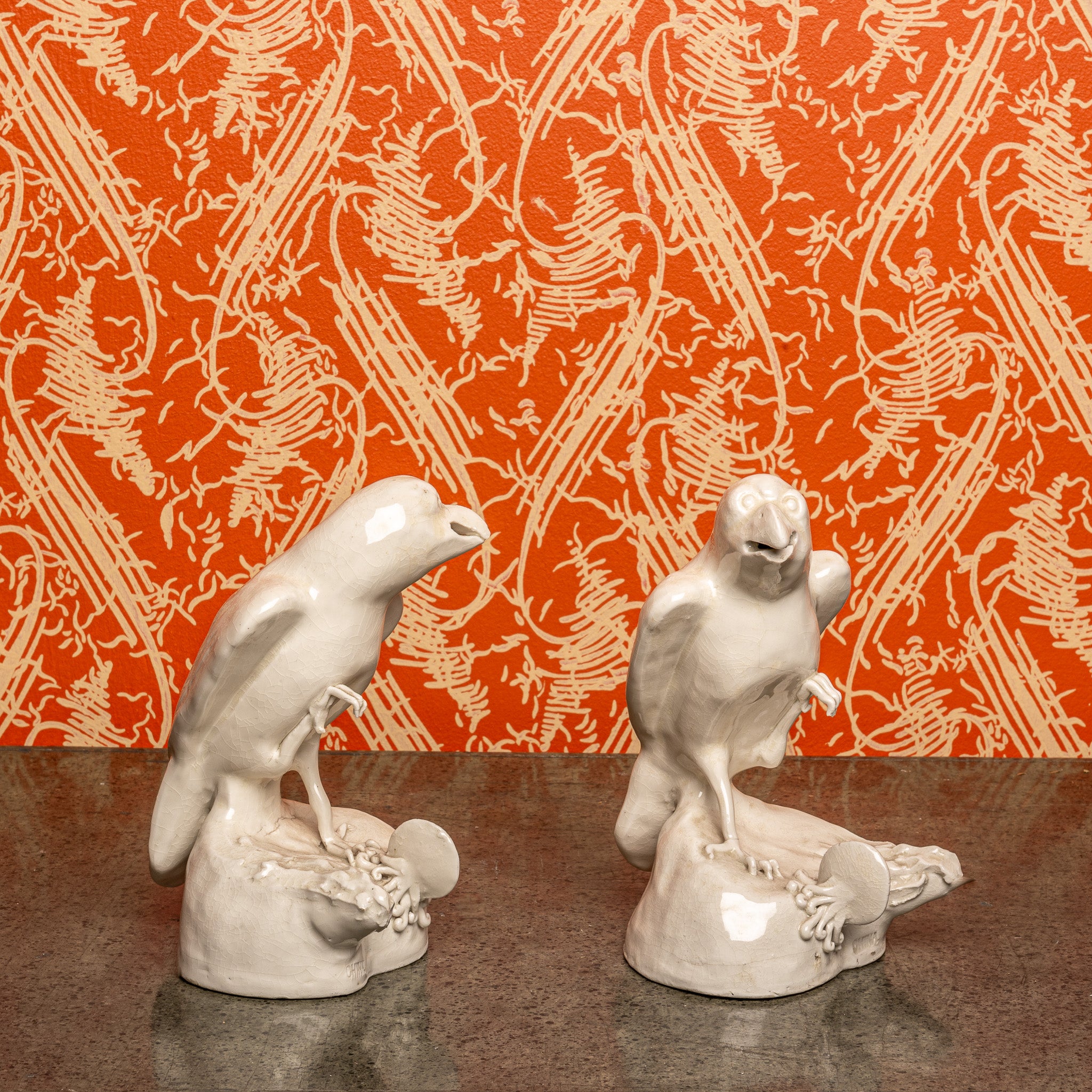 Chinese Blanc de Chine Parrot Figures — Early 20th-Century Ceramic Pair