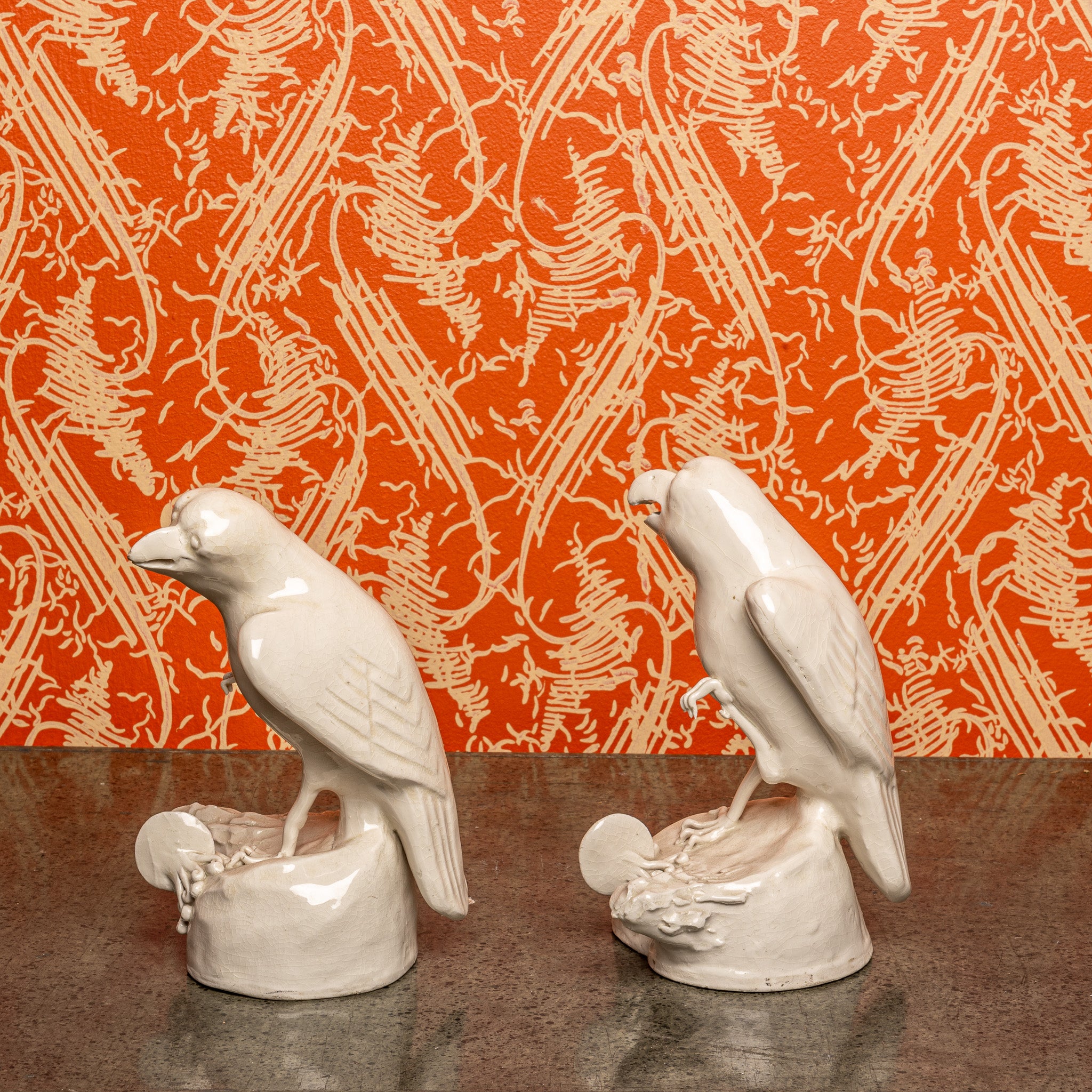 Chinese Blanc de Chine Parrot Figures — Early 20th-Century Ceramic Pair