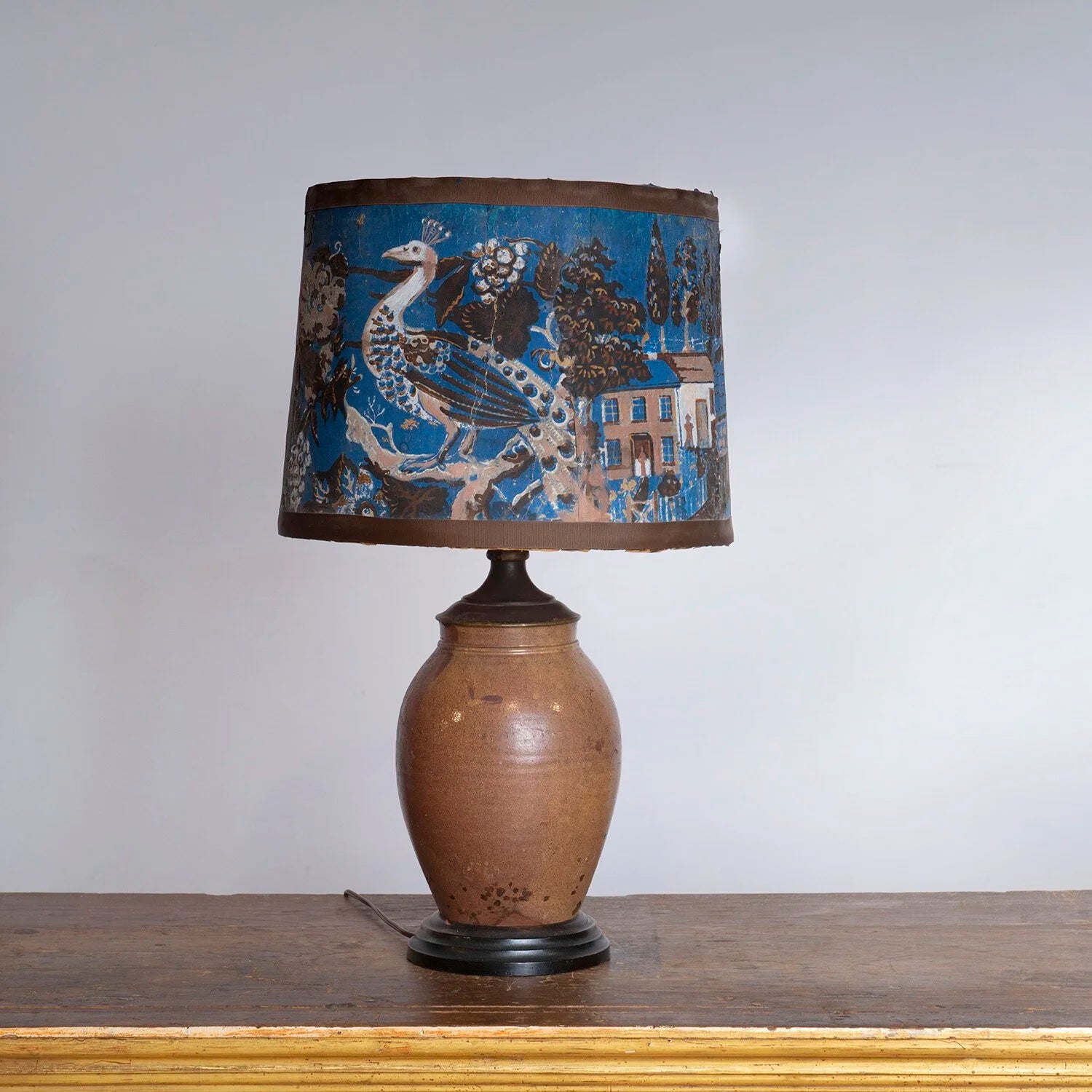FOLK ART POTTERY LAMP WITH WALLPAPER BOX SHADE