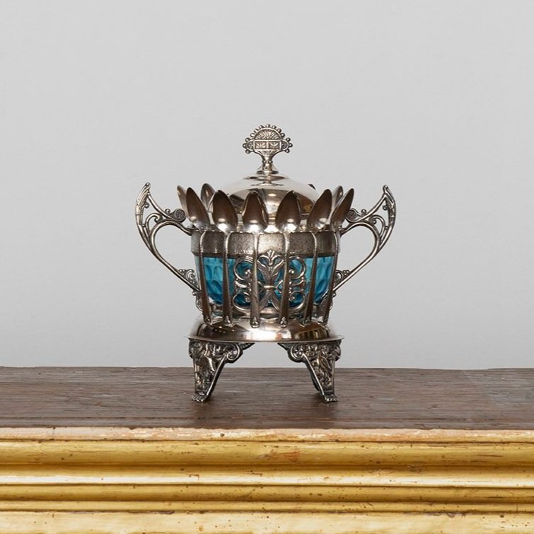 AESTHETIC MOVEMENT SERVING DISH WITH 12 SPOONS