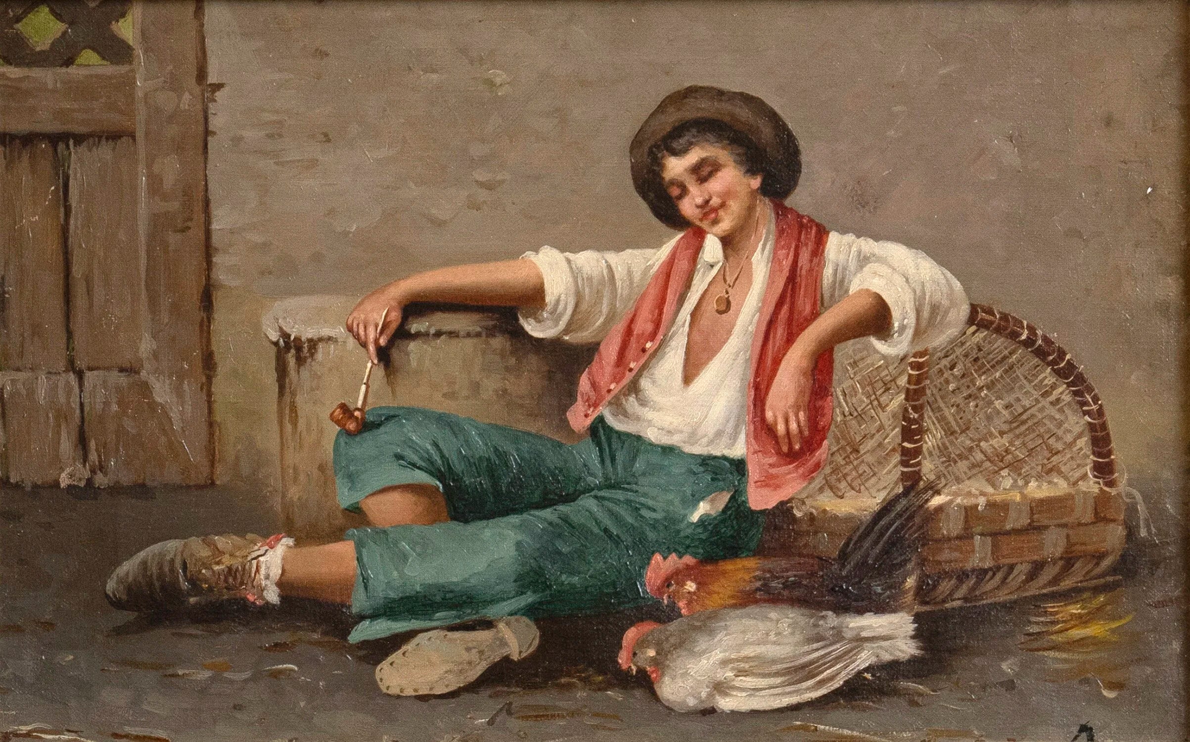 PAINTING OF A BOY WITH CHICKENS
