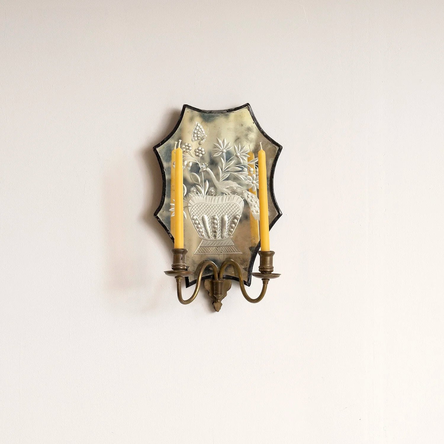 PEACOCK ETCHED MIRROR CANDLE SCONCE