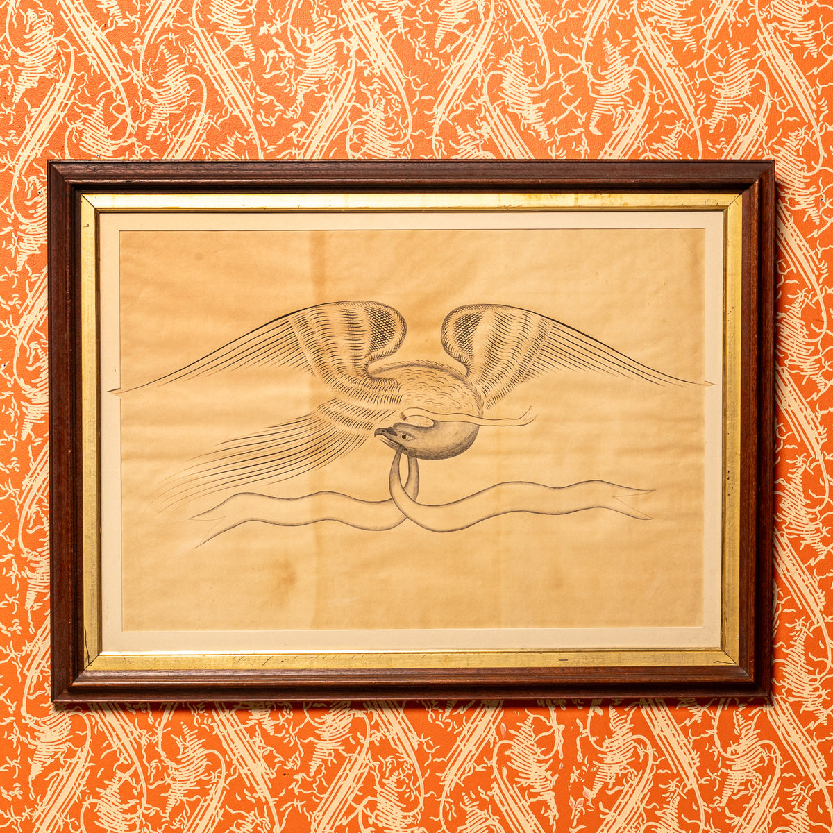 19TH-CENTURY FOLK ART DRAWING OF A BIRD WITH RIBBON MOTIF