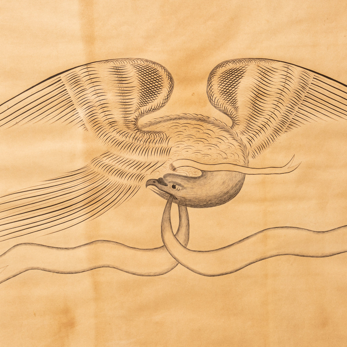 19TH-CENTURY FOLK ART DRAWING OF A BIRD WITH RIBBON MOTIF