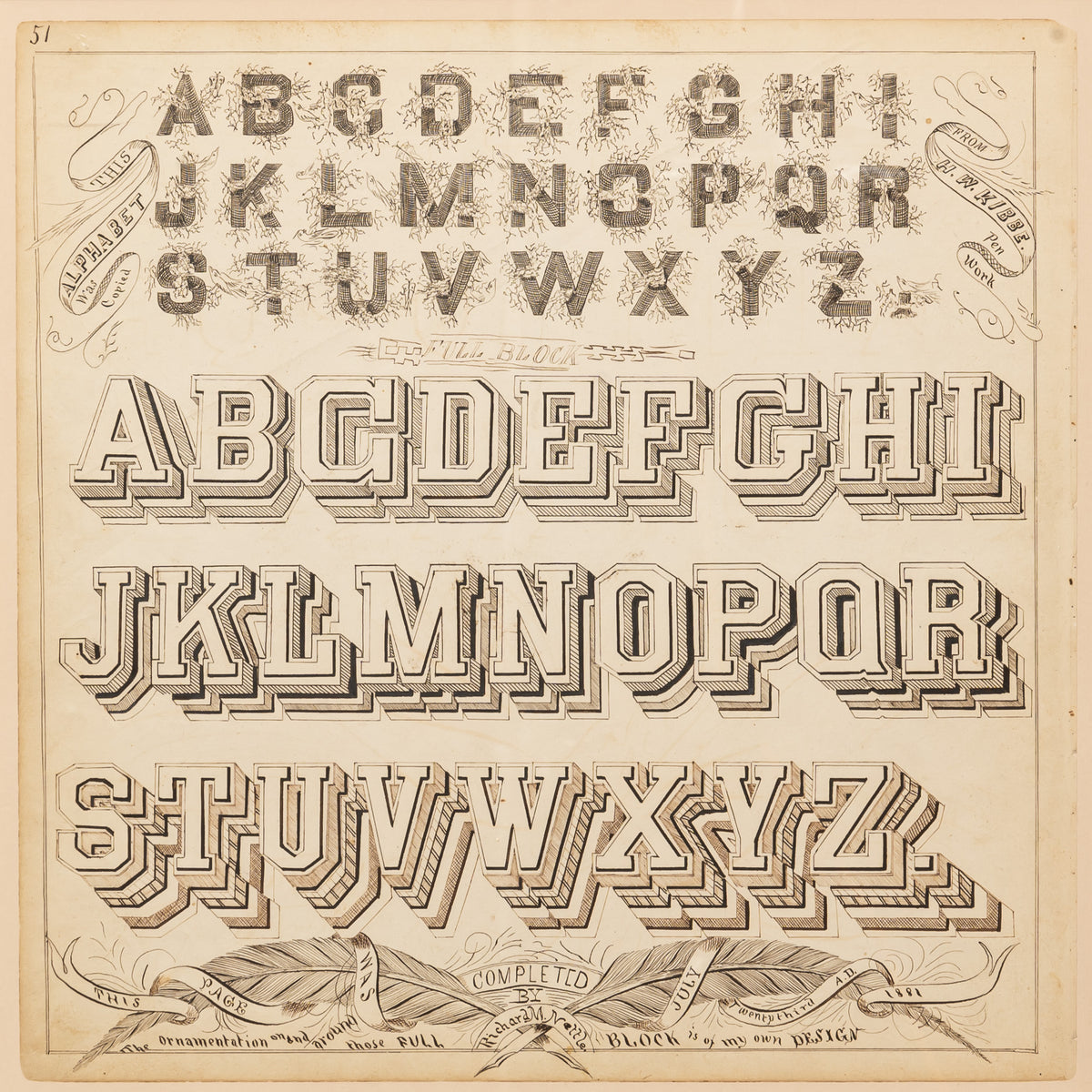 19TH-CENTURY AMERICAN CALLIGRAPHY ORNAMENTAL DRAWING OF THE ENGLISH ALPHABET