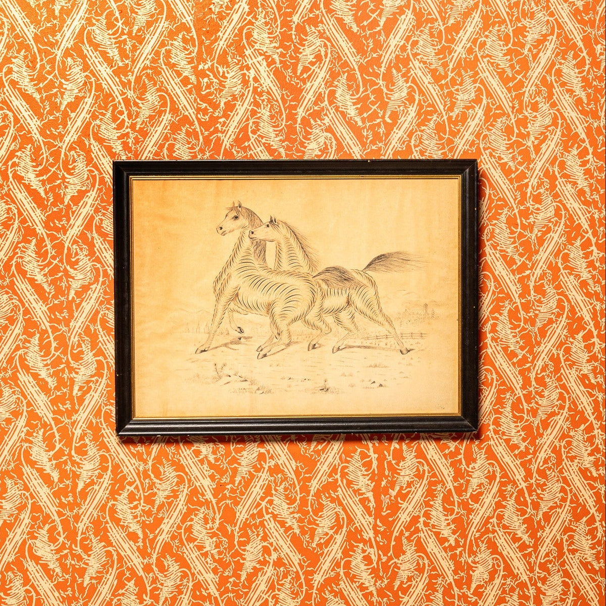 19TH-CENTURY AMERICAN CALLIGRAPHIC DRAWING OF TWO HORSES