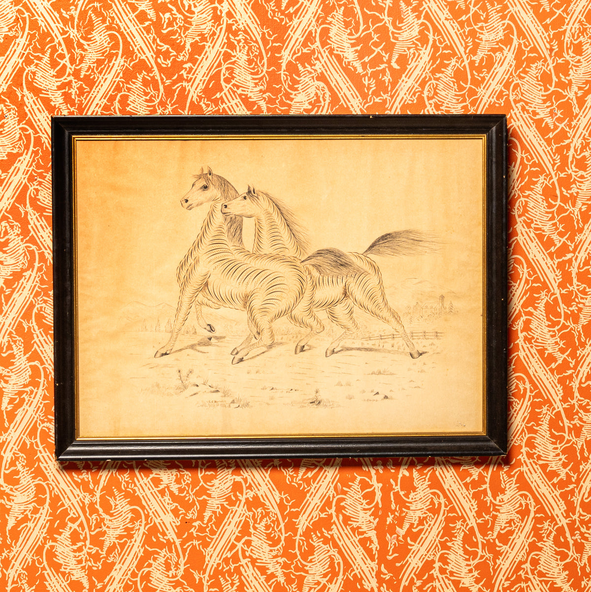 19TH-CENTURY AMERICAN CALLIGRAPHIC DRAWING OF TWO HORSES