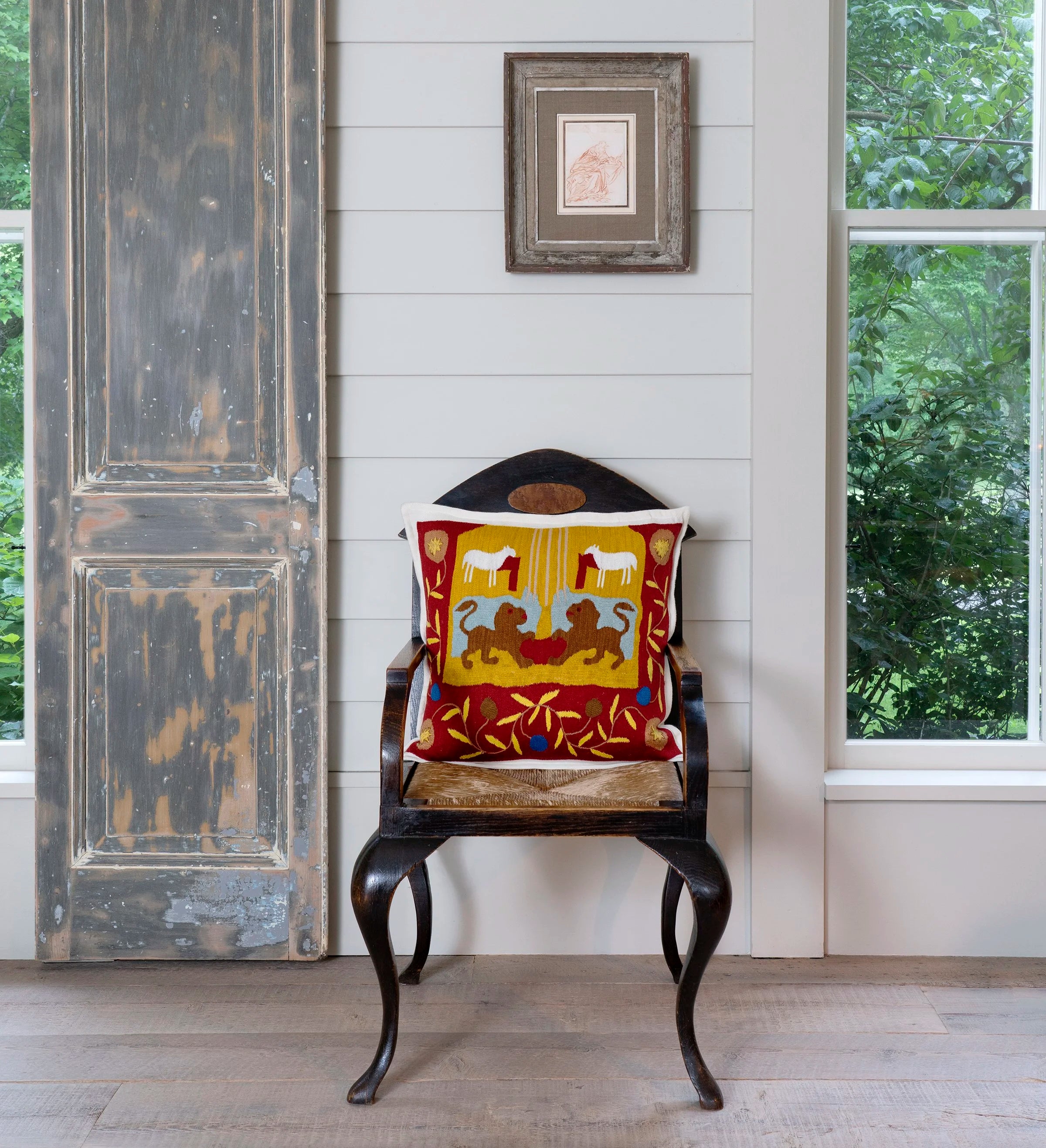 "Parallel Leos"  Hand-Embroidered Cashmere Pillow