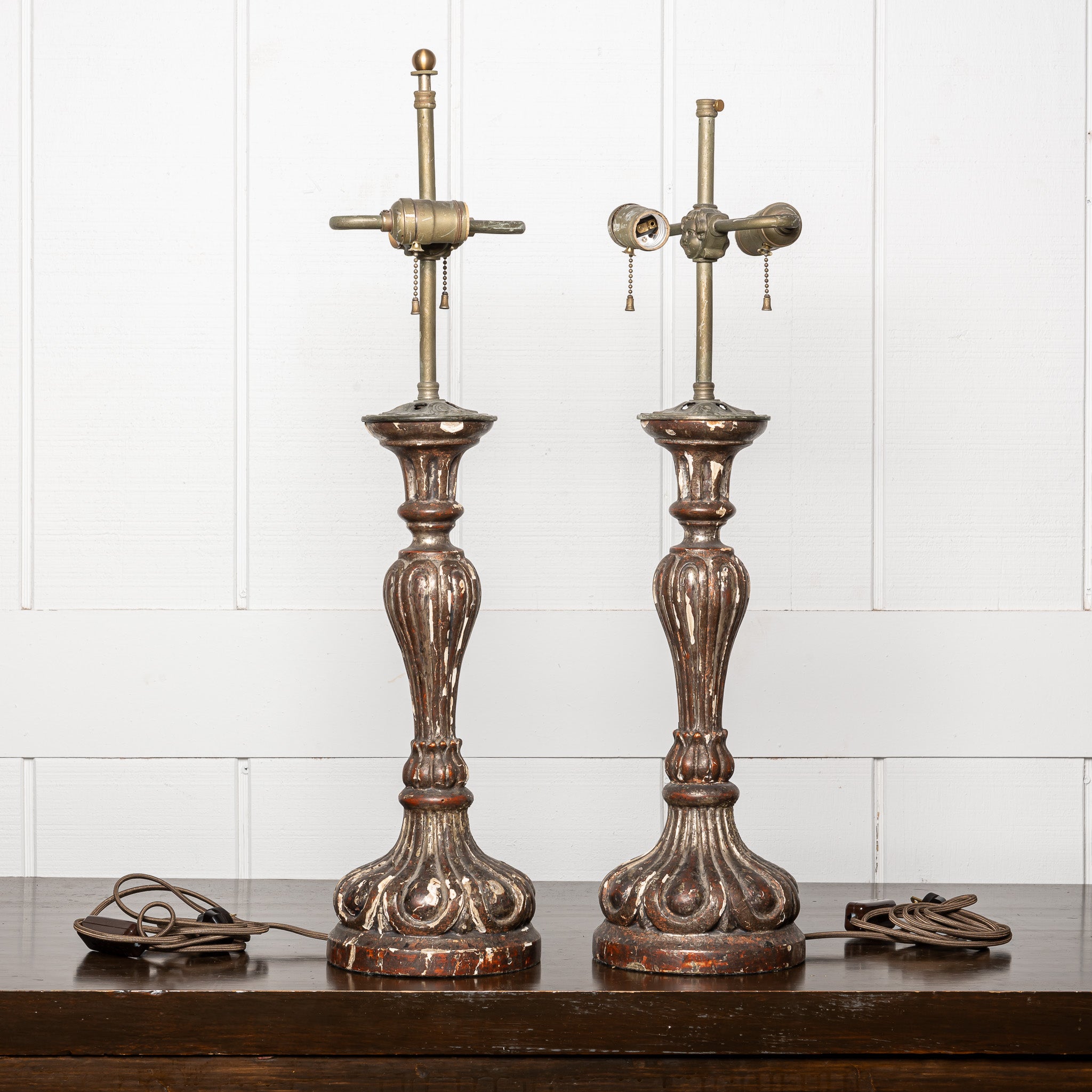 PAIR OF 18TH CENTURY ITALIAN BAROQUE "POLYCHROME AND GILTWOOD ALTAR CANDLESTICKS" MOUNTED AS TABLE LAMPS