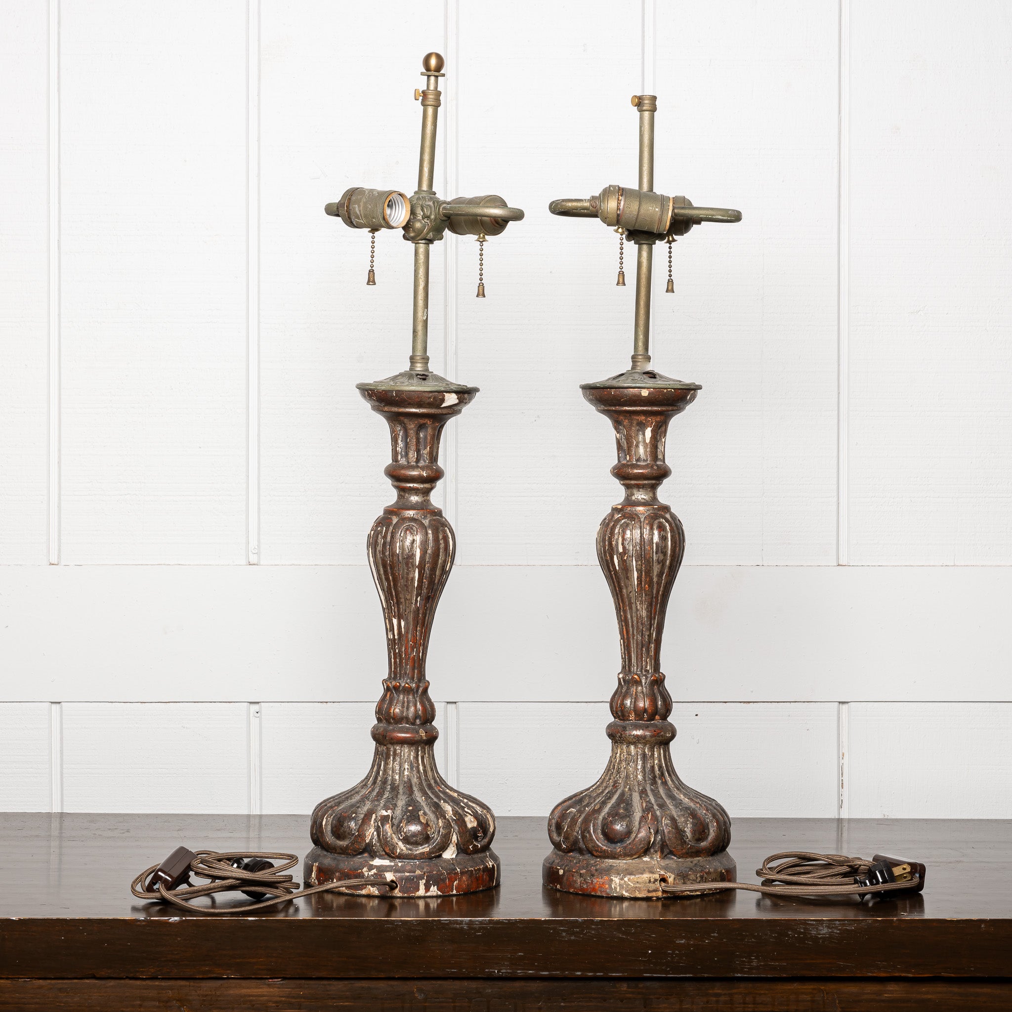 PAIR OF 18TH CENTURY ITALIAN BAROQUE "POLYCHROME AND GILTWOOD ALTAR CANDLESTICKS" MOUNTED AS TABLE LAMPS