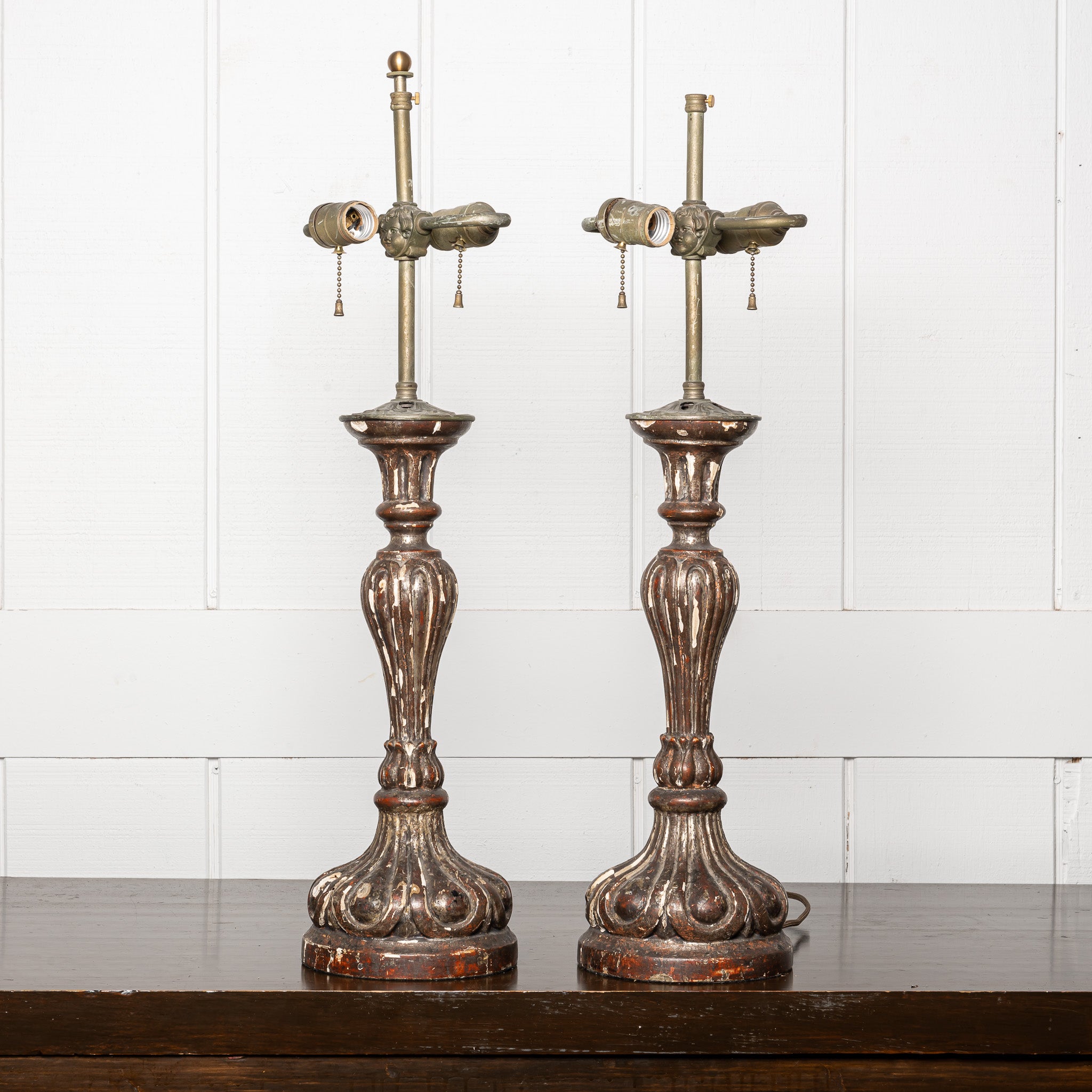 PAIR OF 18TH CENTURY ITALIAN BAROQUE "POLYCHROME AND GILTWOOD ALTAR CANDLESTICKS" MOUNTED AS TABLE LAMPS