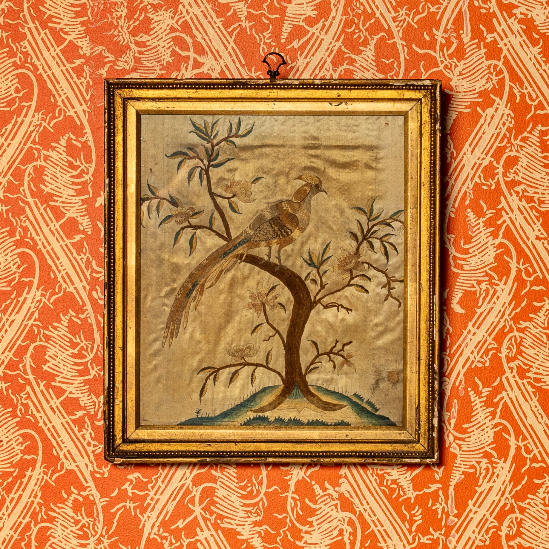 18TH-CENTURY "CRESTED BIRD" SILK EMBROIDERY