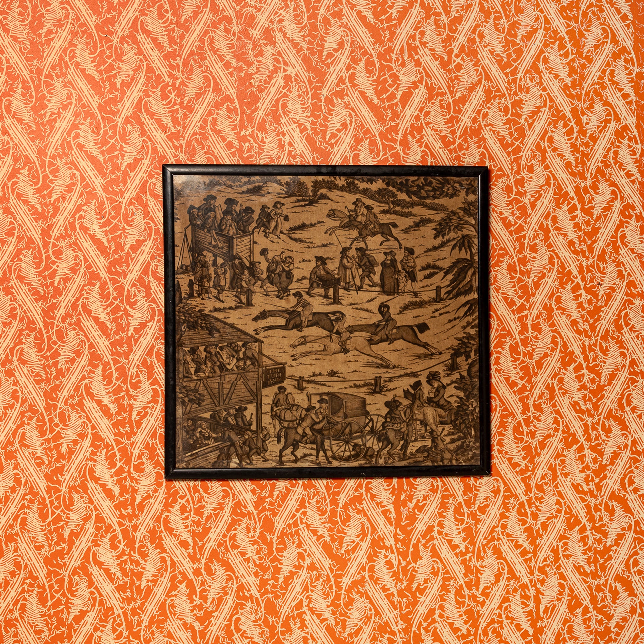 19TH-CENTURY EQUESTRIAN SPORTING SCENE FABRIC PANEL