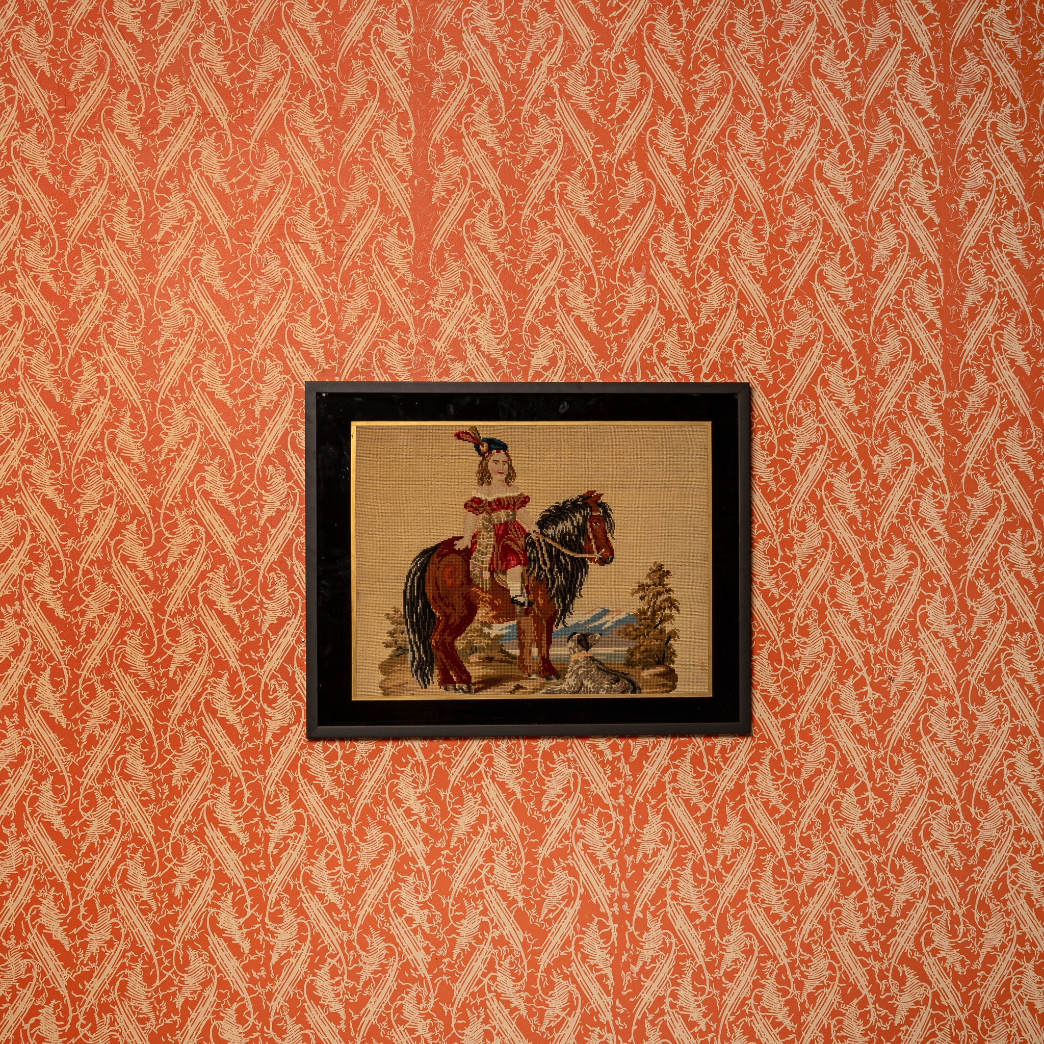 19TH-CENTURY FOLK ART "EQUESTRIAN" NEEDLEPOINT PORTRAIT