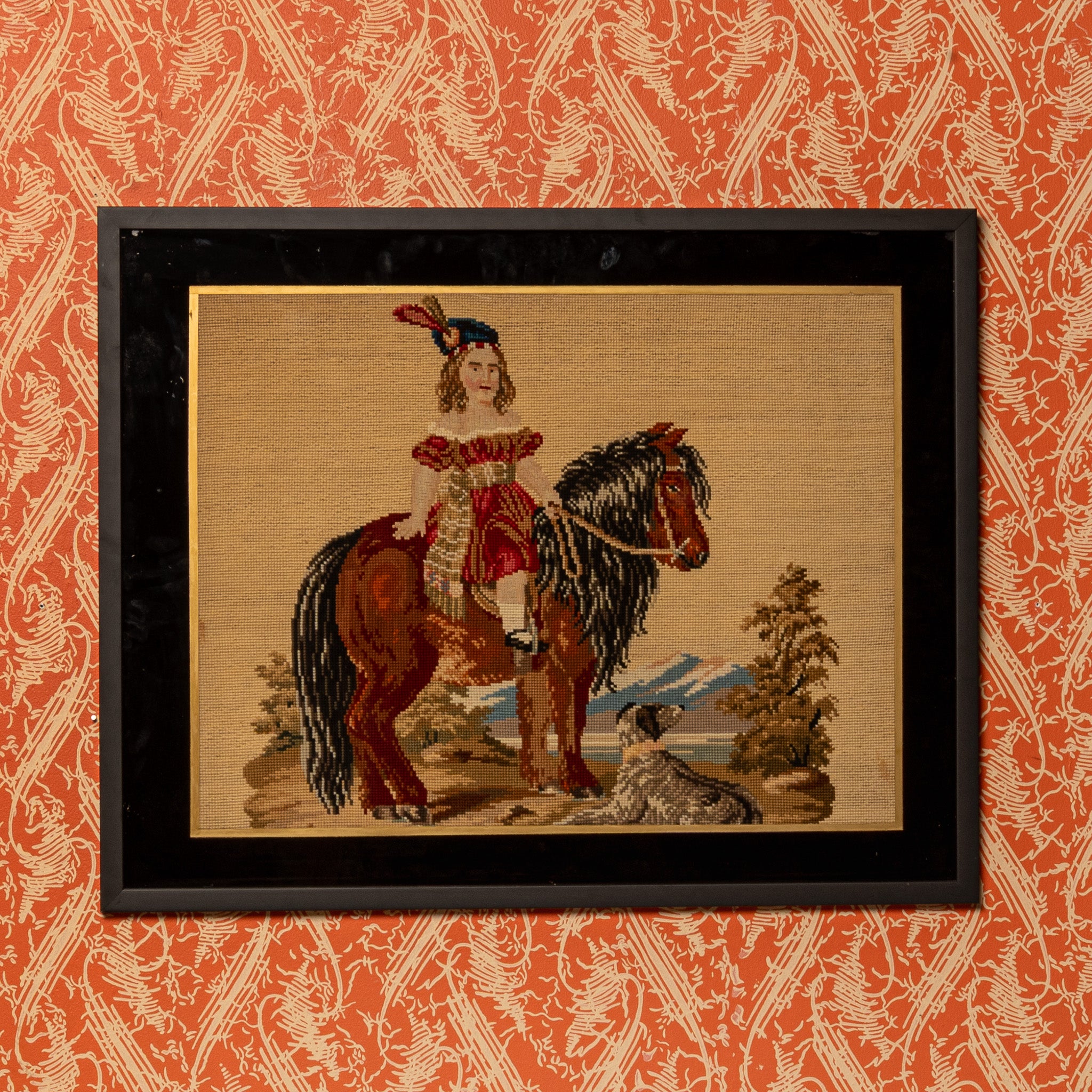 19TH-CENTURY FOLK ART "EQUESTRIAN" NEEDLEPOINT PORTRAIT