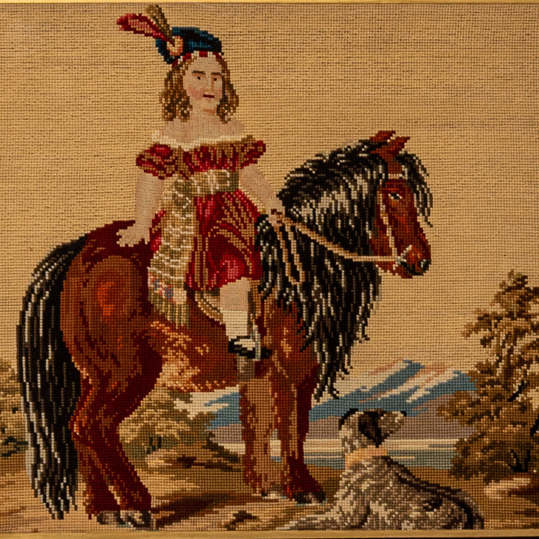 19TH-CENTURY FOLK ART "EQUESTRIAN" NEEDLEPOINT PORTRAIT
