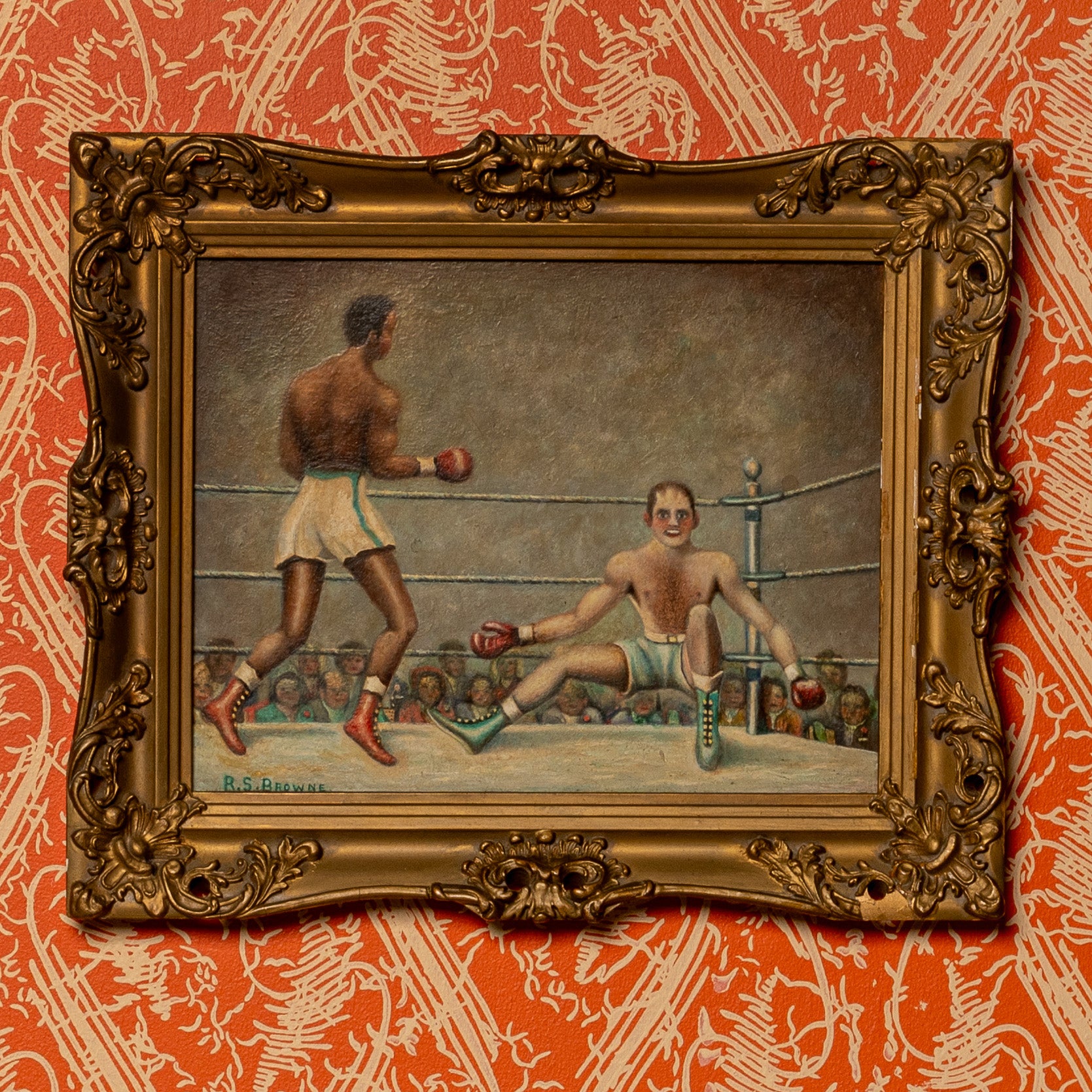 AMERICAN FOLK ART "BOXING SCENE DEPICTING SUGAR RAY ROBINSON AND STEVE BELLOISE" ON METAL PANEL