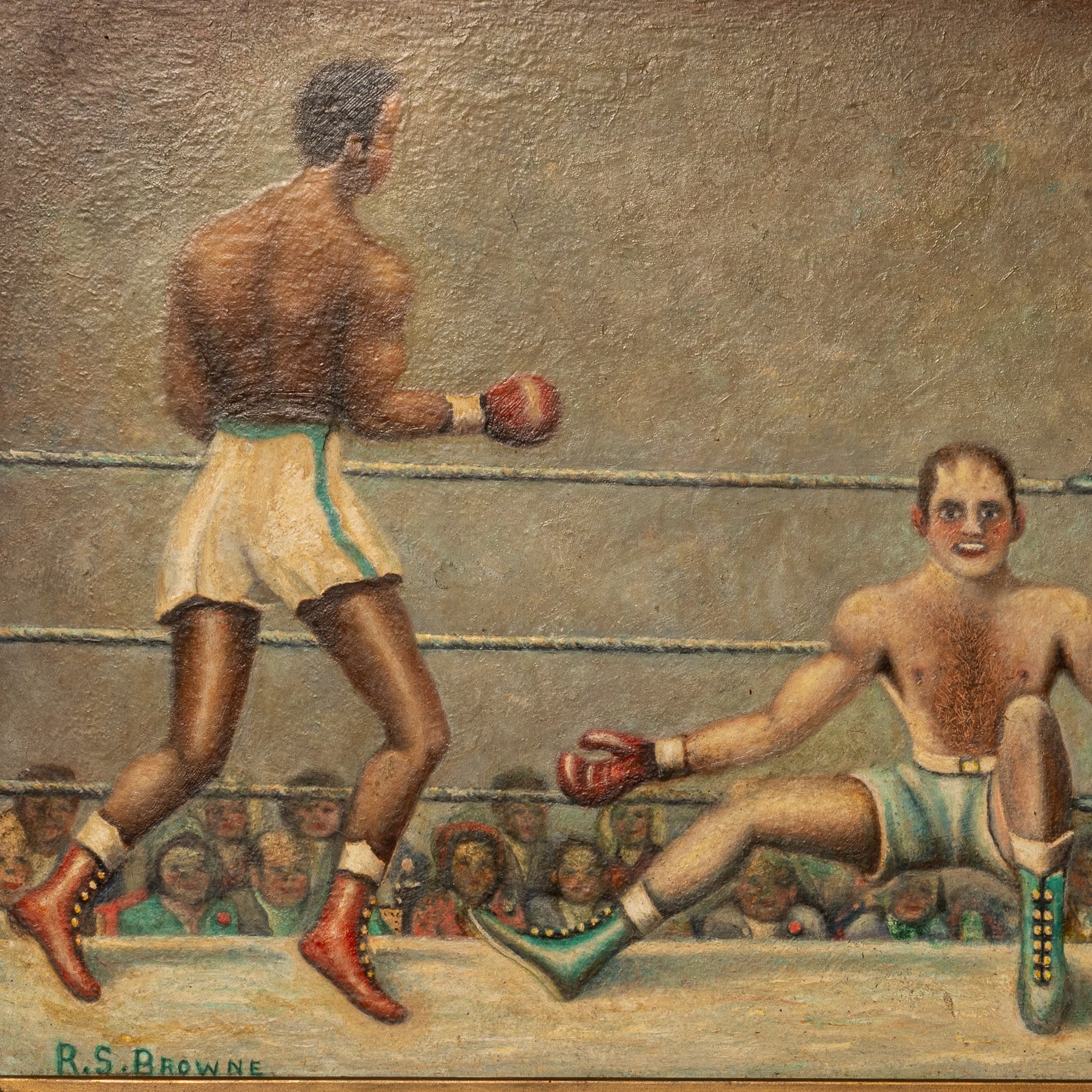 AMERICAN FOLK ART "BOXING SCENE DEPICTING SUGAR RAY ROBINSON AND STEVE BELLOISE" ON METAL PANEL