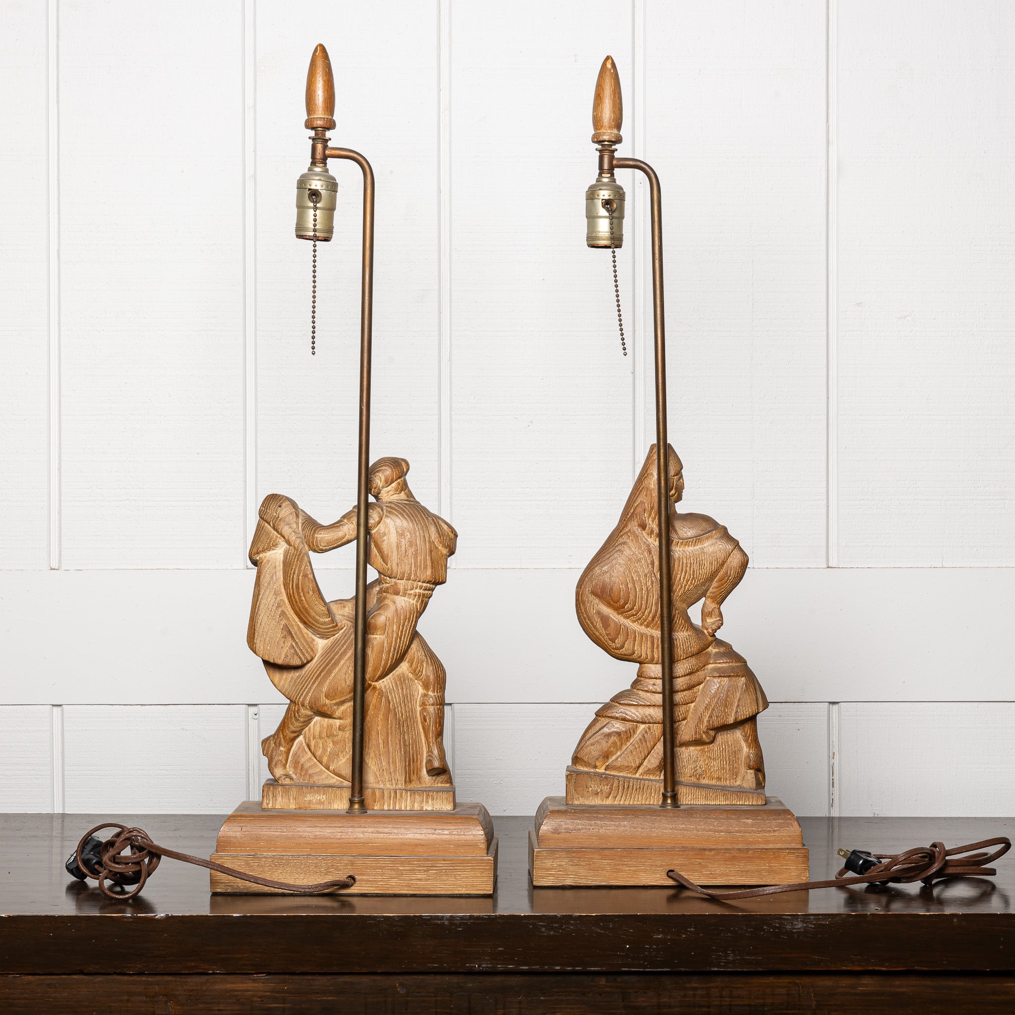 PAIR OF AMERICAN ART DECO CARVED WOOD FOLK FIGURAL TABLE LAMPS