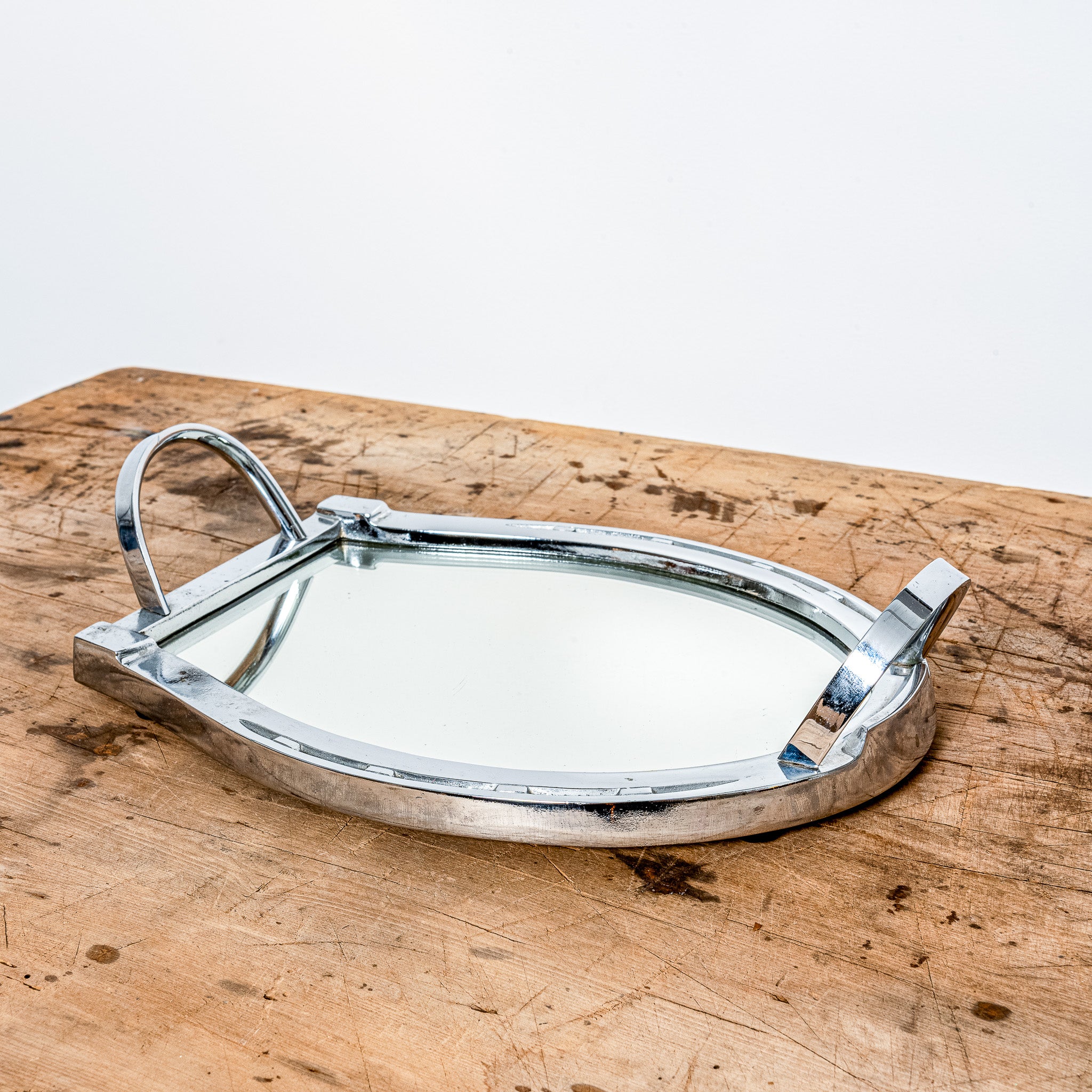ART DECO HORSESHOE-FORM CHROME AND MIRROR SERVING TRAY