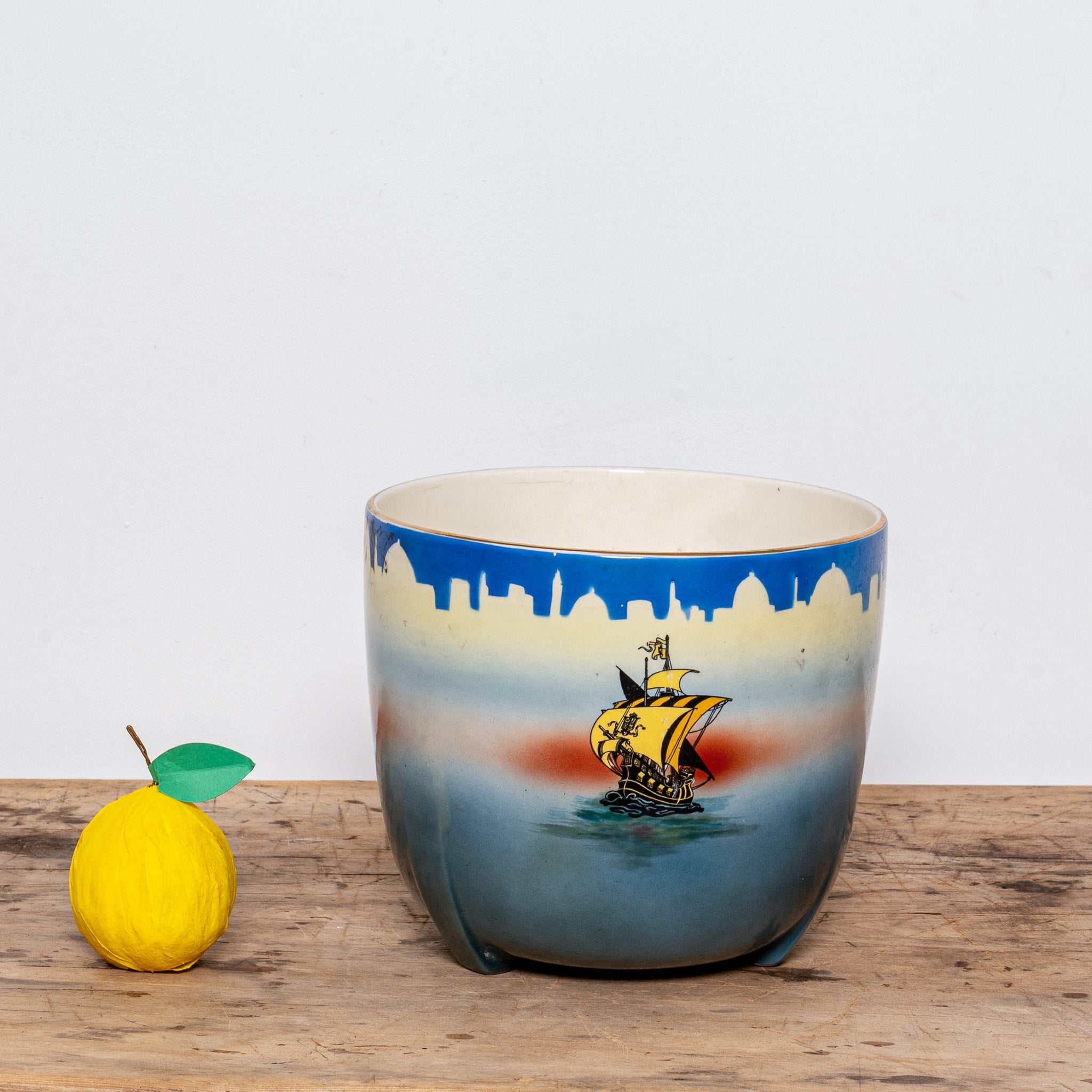 ART DECO NAUTICAL CERAMIC JARDINIÈRE WITH SAILING SHIPS