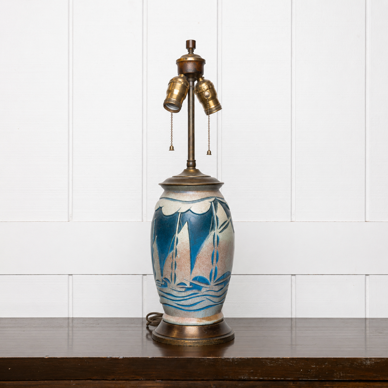 AMERICAN ARTS AND CRAFTS SAILBOAT" ART POTTERY VASE" MOUNTED AS A TABLE LAMP