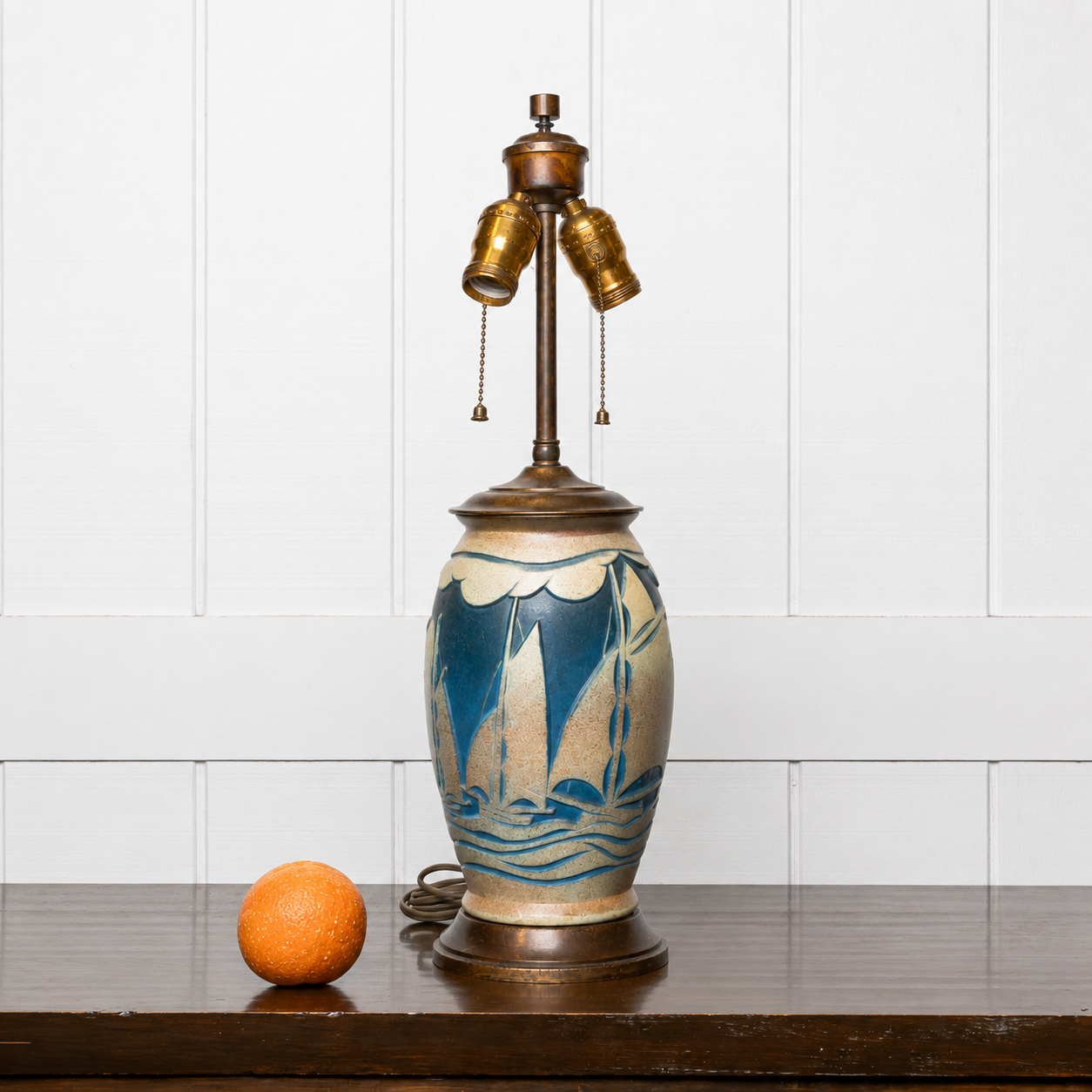AMERICAN ARTS AND CRAFTS SAILBOAT" ART POTTERY VASE" MOUNTED AS A TABLE LAMP