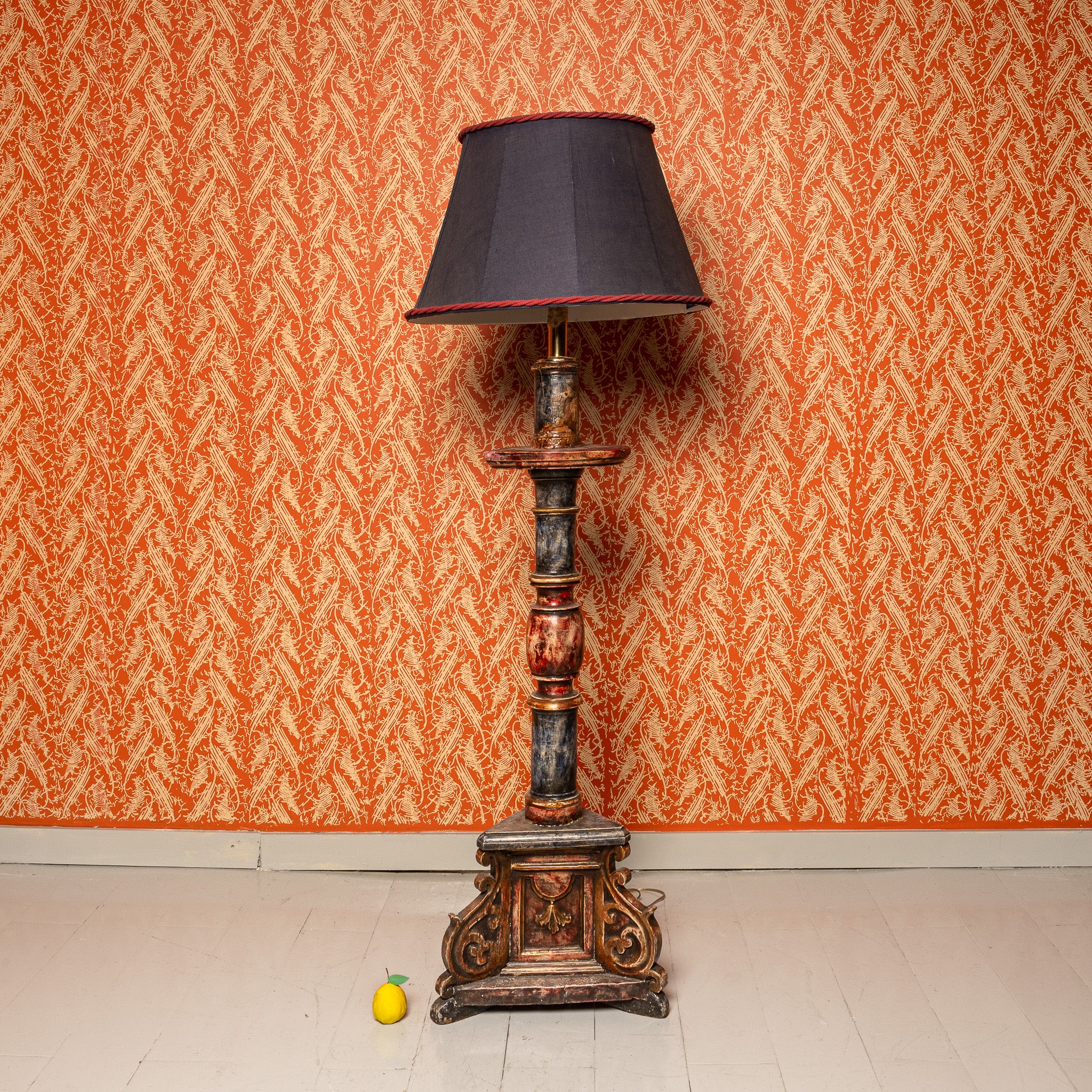 ITALIAN BAROQUE POLYCHROME AND PARCEL GILT ALTAR CANDLESTICK MOUNTED AS A FLOOR LAMP