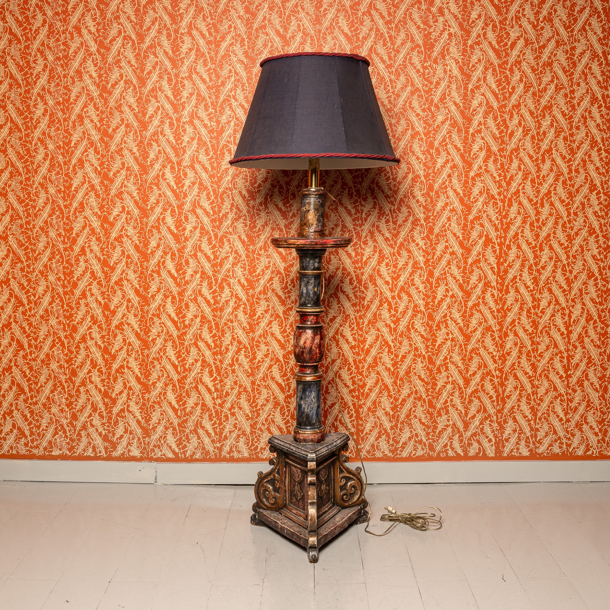 ITALIAN BAROQUE POLYCHROME AND PARCEL GILT ALTAR CANDLESTICK MOUNTED AS A FLOOR LAMP