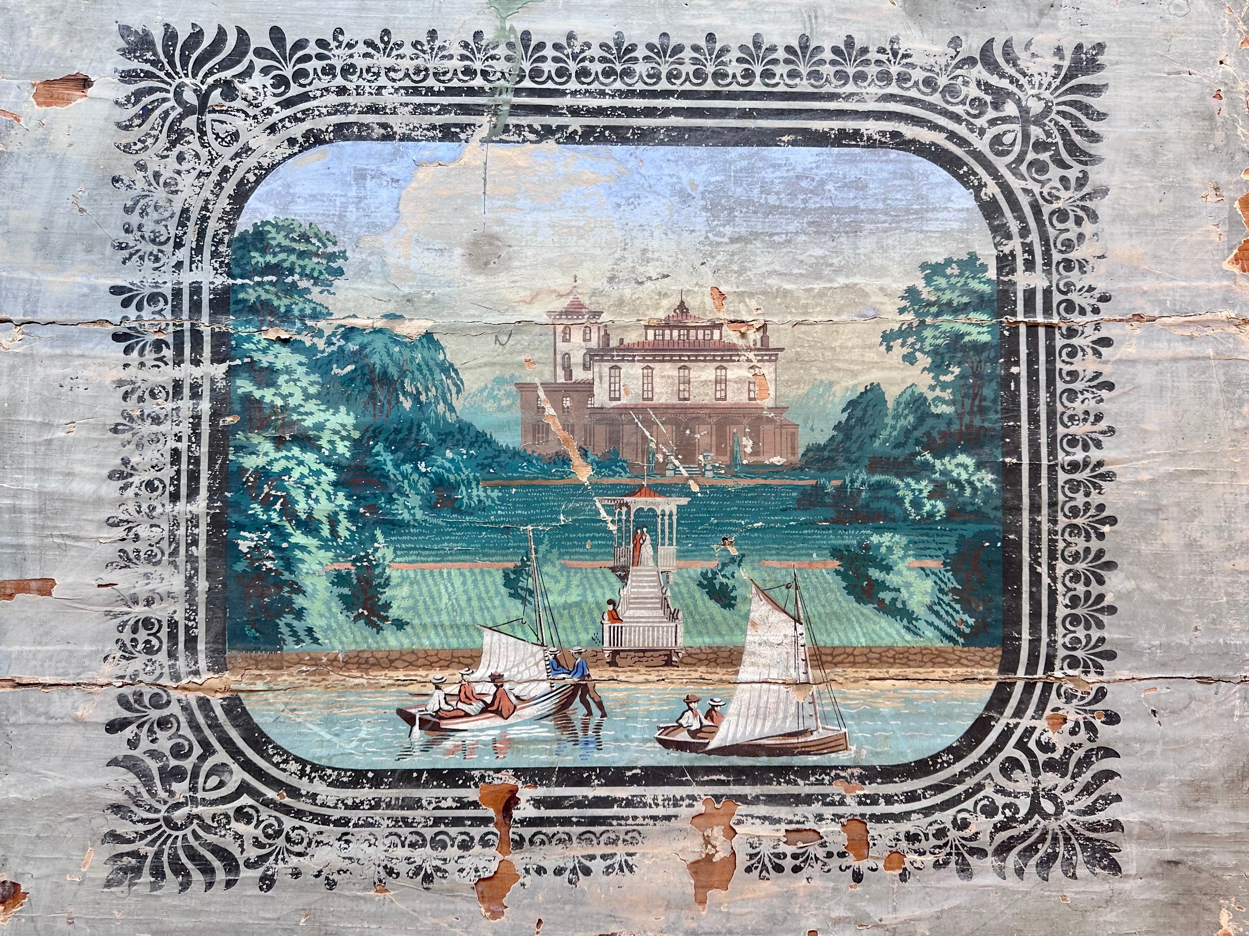 AMERICAN FEDERAL PERIOD FIRE SCREEN WITH EARLY SCENIC WALLPAPER PANEL